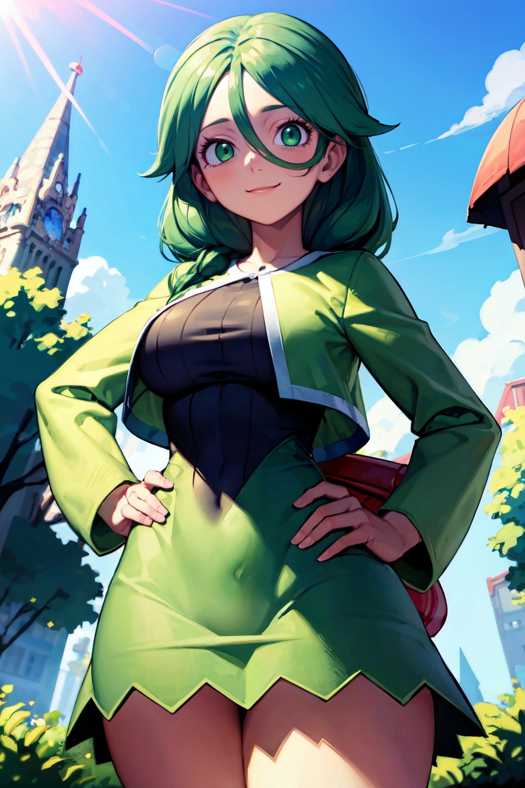 ((masterpiece,best quality)), absurdres,   <lora:Cheryl_Pokemon:0.7>,  cheryl (pokemon), green eyes, single braid, hair over shoulder,  green jacket, long dress,  curvy, hands on hips,   smile, looking at viewer, cowboy shot,  <lora:Bold_CAT:0.5>,