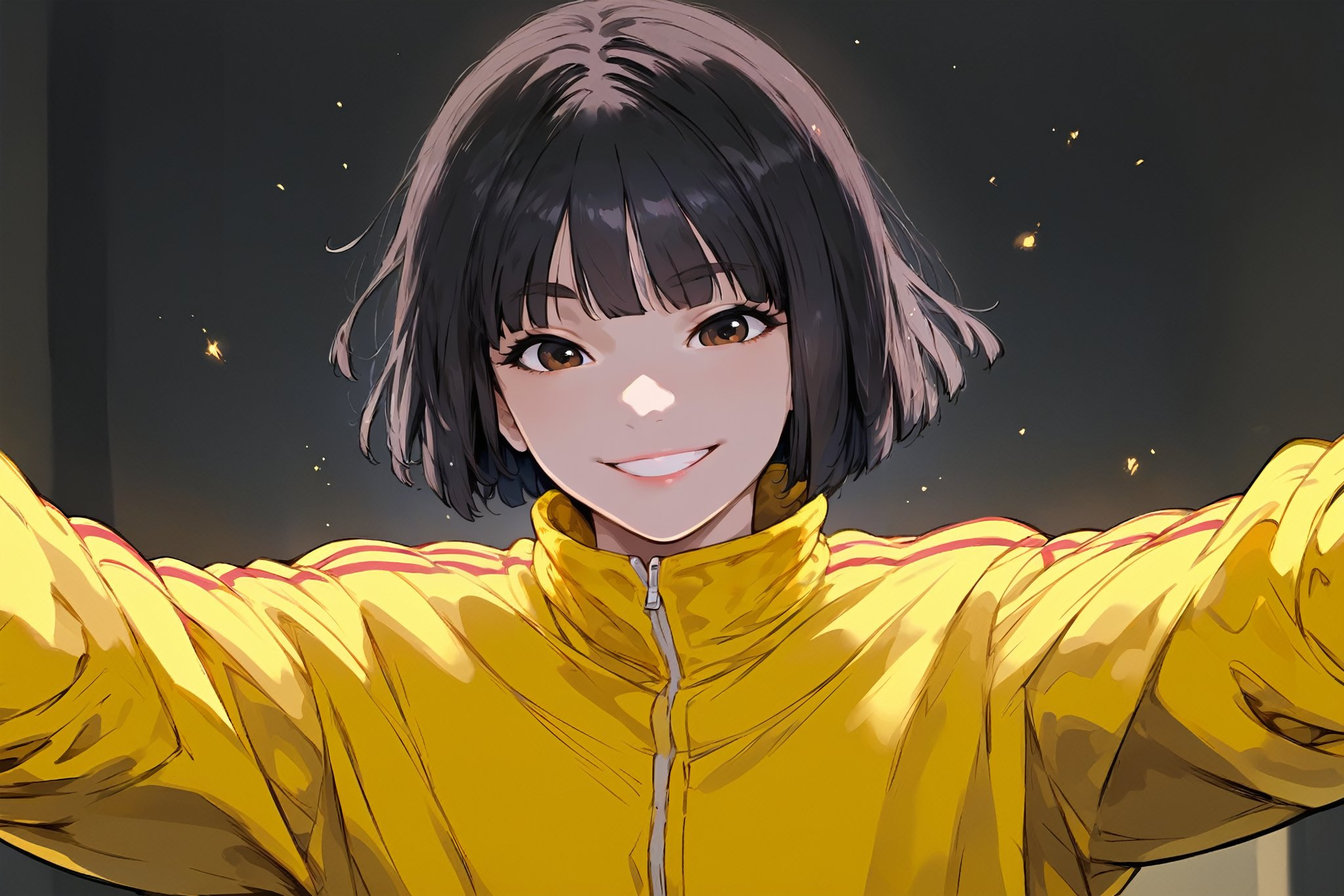 score_9, score_8_up, score_7_up, Expressiveh, 1girl, GaeulVH, pale skin, cowboy shot, bob cut, short hair, black hair, brown eyes, female_solo, fully clothed, school background, jacket, track jacket, yellow jacket, glitter, mirham, EnimPny, smile, sharp focus, reaching viewer, head tilt, half-closed-eyes<lora:EMS-316625-EMS:0.800000>, <lora:EMS-349113-EMS:0.800000>, <lora:EMS-382392-EMS:0.800000>, <lora:EMS-379733-EMS:0.600000>, <lora:EMS-366813-EMS:0.800000>, <lora:EMS-333650-EMS:0.800000>