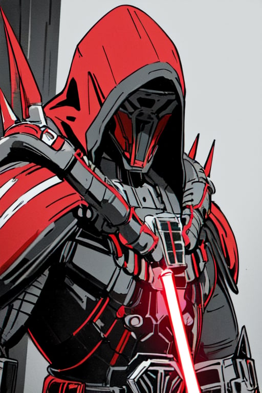 (best quality, masterpiece,) 1boy,hood, mask, armor, spikes, darthmarr, holding weapon, red lightsaber, upper body portrait(high contrast, official art, extreme detailed, highest detailed) <lora:darthmarr:0.8>