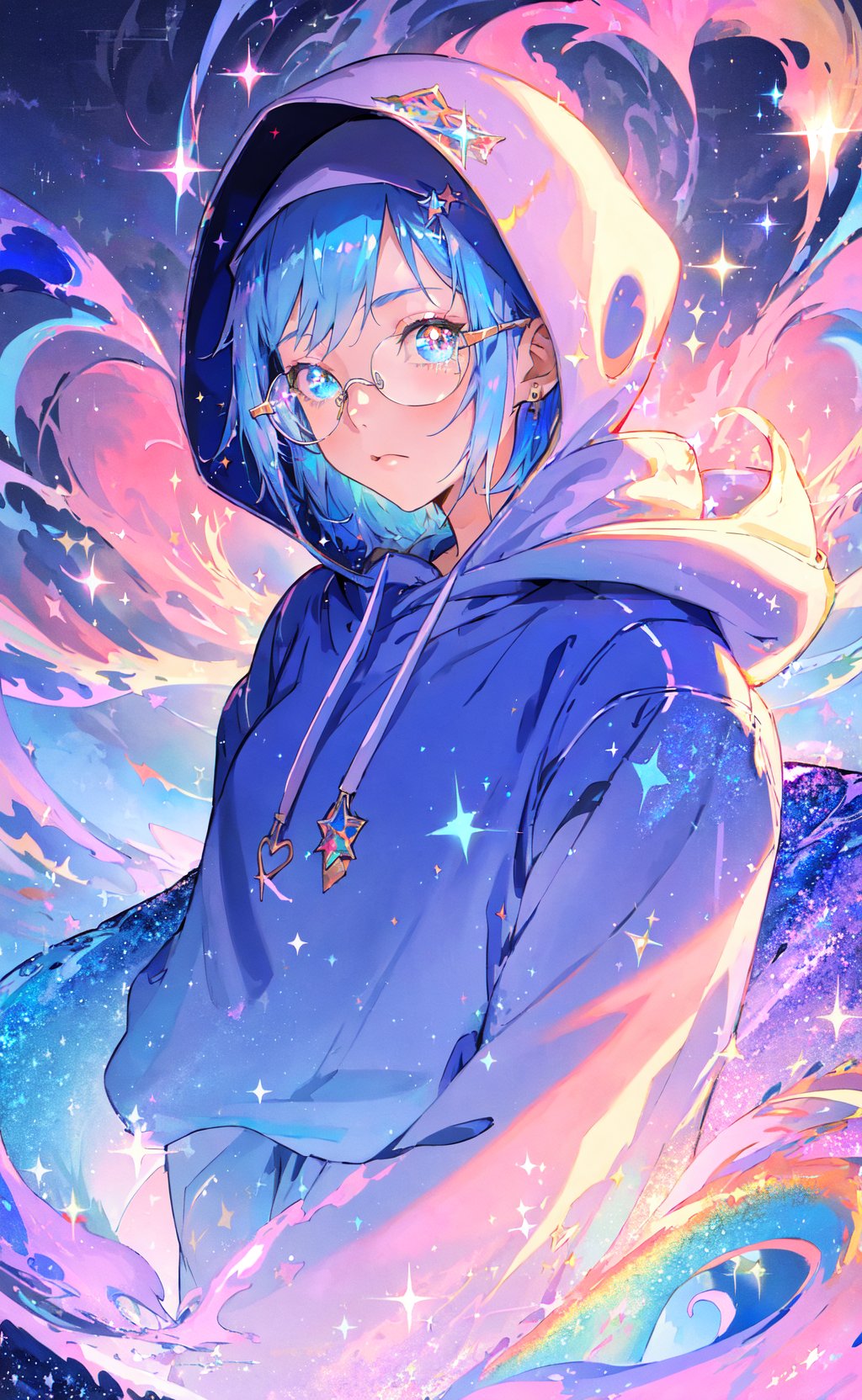 masterpiece, best quality, 1girl, blue hair, medium hair, hoodie, hood up, glasses, jewelry dynamic, colorful, cloudy sky, sparkle, sparkling, glitter, glittering, iridescent, swirl, swirling, abstract, expressive