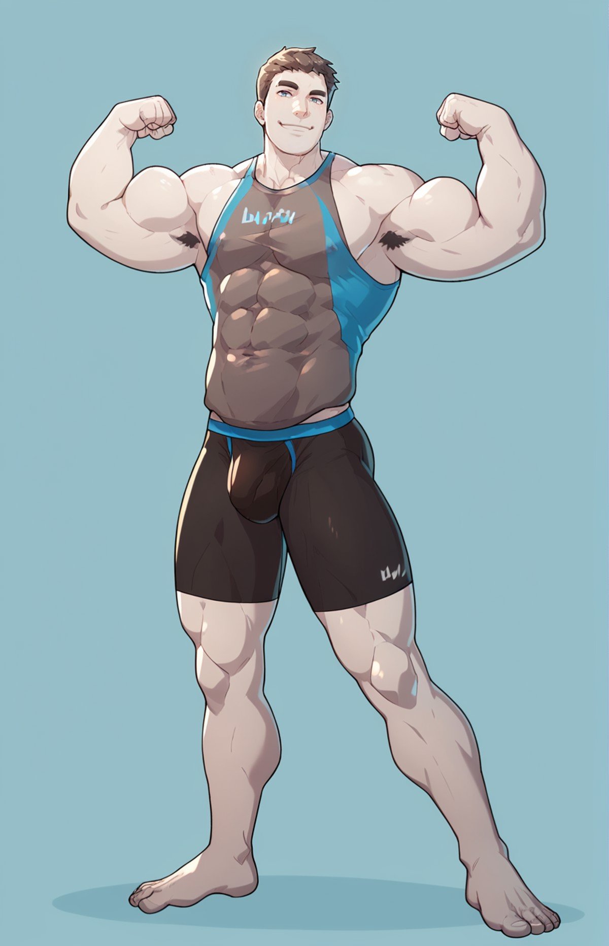 score_9, score_8_up, score_7_up, (((1boy))), male, muscular, bara, burly,  smiling at viewer,  <lora:Wii_Fit_Trainer_MALE_Pony:1>, tank top, solo, flexing, full body shot,