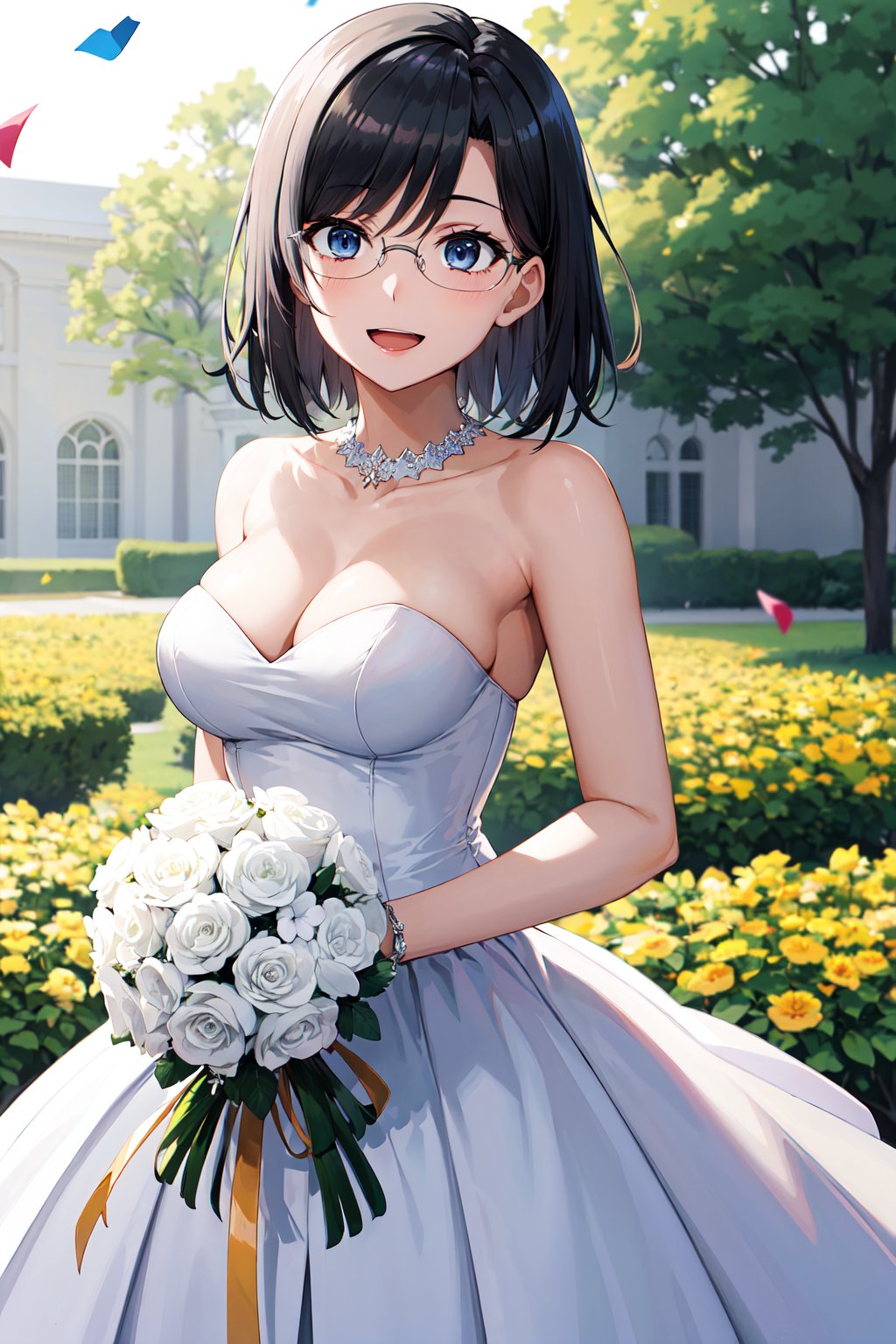 masterpiece, best quality, highres, aamii, short hair, blue eyes, glasses, <lora:konori_mii_v1:0.7>, large breasts, strapless, wedding dress, white dress, smile, open mouth, holding bouquet, cowboy shot, confetti, 