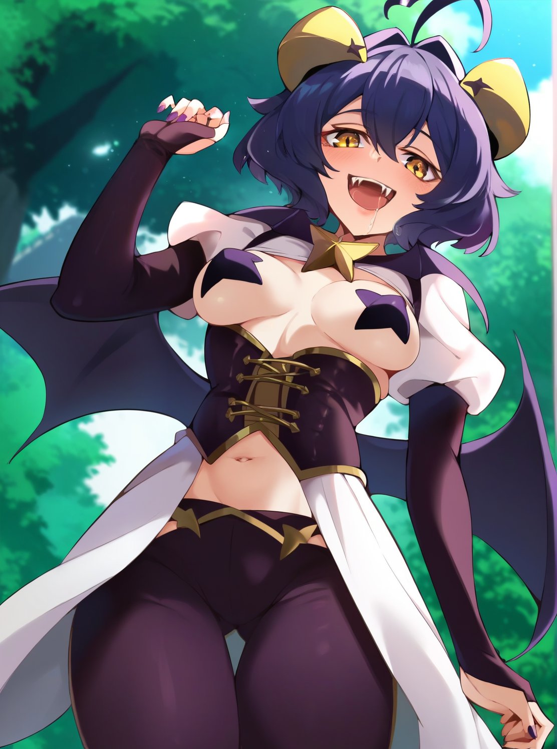 score_4, score_5, score_6, score_9, score_8_up, score_7_up, utenaxl, short hair, purple hair, ahoge, yellow eyes, +.+, hair between eyes, yellow demon horns, demon wings, purple pasties, star pasties, puffy sleeves, bridal gauntlets, purple bridal gauntlets, navel, lowleg pants, purple pants, demon wings, breastless clothes, corset, showgirl skirt, white showgirl skirt,  standing,  cowboy shot, from below, looking at viewer, evil smile, evil, fangs, saliva drip, open mouth, :D, outdoors, nature, street, <lora:utenaxl-10:1>