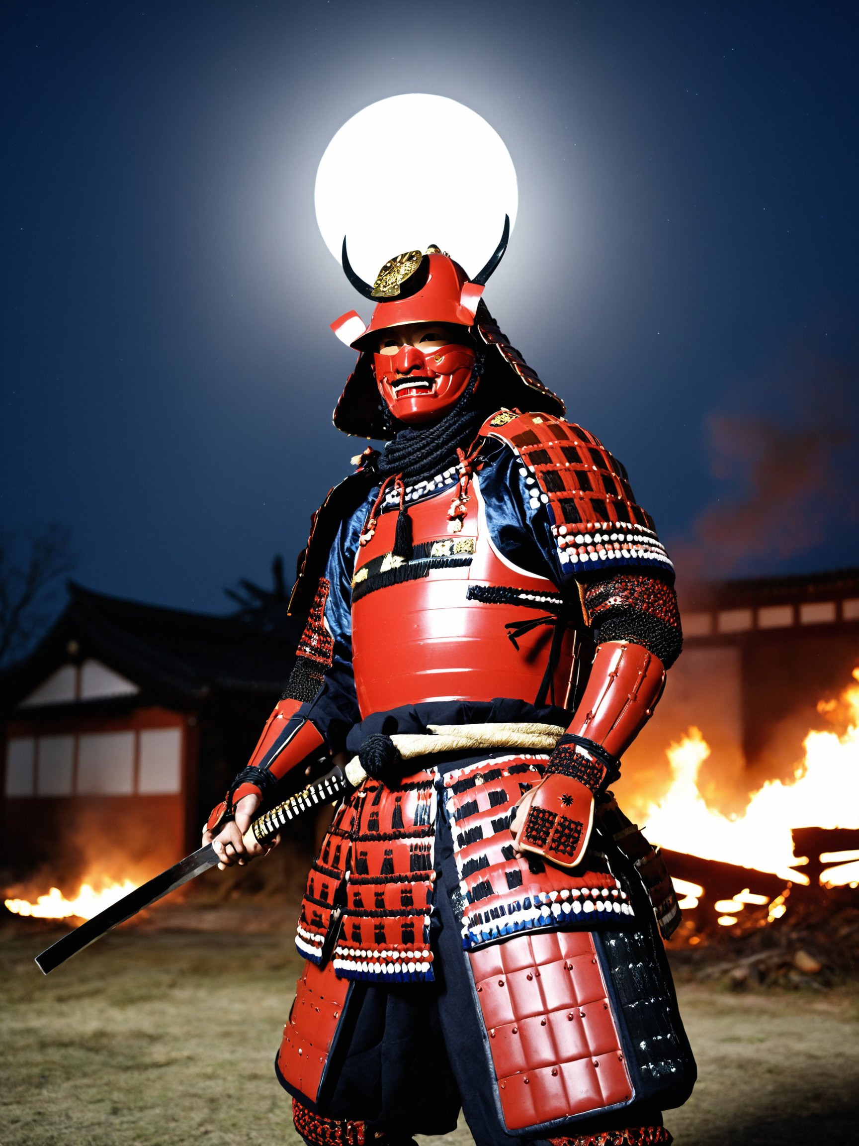 best quality, masterpieces,a man in samurai armor preparing to draw his sword and standing in front of devastated houses which on fire, ruins background,midnight, dark sky, moon, dark theme, heavy shadow, film photography, soft focus, soft lighting, subsurface scattering, realistic,red samurai, black samurai helmet, symbol on helmet,<lora:hina_samurai_armor_sdxl_rank32:0.6>