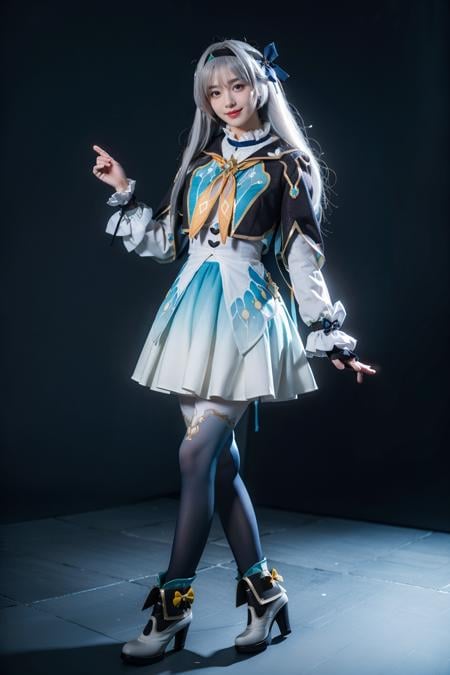 best quality,masterpiece,realistic,photorealistic,1girl,solo,smile,looking at viewer,standing,full body,firefly cosplay costume,cosplay,long hair,white hair,dress,cropped jacket,capelet,shirt,skirt,long sleeves,frilled sleeves,bow,neckerchief,ribbon,fingerless gloves,hairband,hair bow,hair ornament,gradient legwear,gradient pantyhose,ankle boots,high heel boots,simple grey background,<lora:Honkai_StarRail_Firefly_costplay_costume_v1:0.7>,