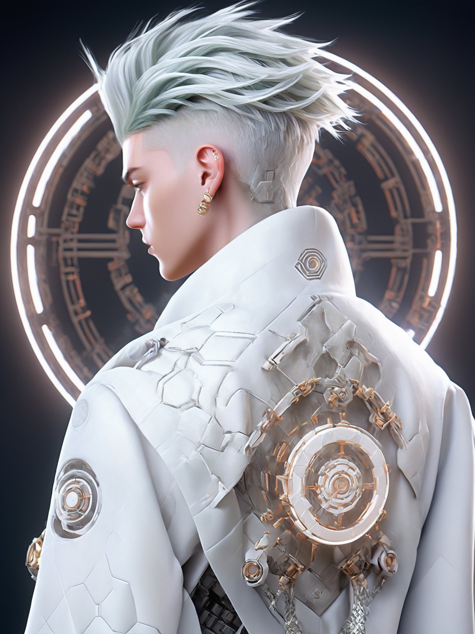 a character with a unique and futuristic appearance. The character has silver-white hair styled in a spiky manner, and they are wearing a white robe with intricate designs. The robe has a prominent circular mechanical device attached to the back, which seems to be a fusion of technology and art. The character also has a tattoo on their right arm, and they are holding a small device in their hand. The background is dark, emphasizing the character and the mechanical device, and there are circular patterns and symbols in the background, possibly indicating some form of digital interface or holographic display<lora:Suotai-000006:1>