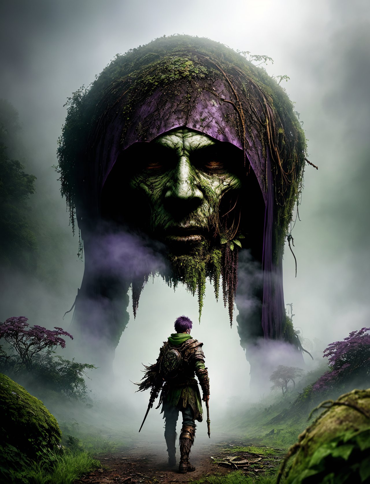 hyper detailed masterpiece, dynamic realistic digital art, awesome quality, person, male arcane warrior   creeping miasmic fog that clings to the ground, sickly green-purplish color, a feeling of decay and corruption, withering plants and rusting metal, whisper of mortality, DonMM4g1c  <lora:DonMM4g1c-v1.2rb2:0.8>