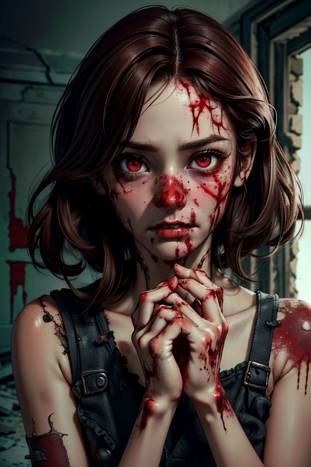 zombie girl in a ruined room, vampire, blood on her hands, red-brown hair, detailed face, Suspicious facial expression, pale skin, (zombie pose:1.2), (red bloody eyes:1.3), (detailed skin texture:1.2), (photorealistic:1.5), ultrasharp, (masterpiece), best quality, (extremely detailed:1.3), perfect hands, horror movie scene