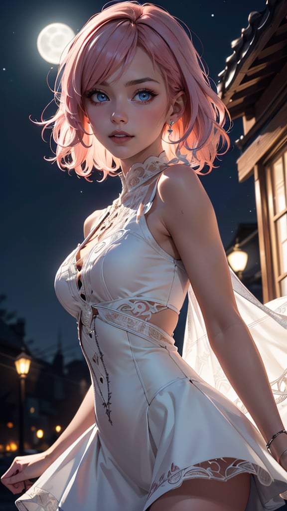 (best quality, masterpiece, colorful, highest detailed) upper body photo, fashion photography of cute (Creamy Mamy), idol, curly pink hair, perfect eyes shape, in high detailed white gothic-suit, (ultra-detailed gothic-dress), sleeveless top, short wide skirt, (light smile:0.3), moonlight passing through hair, (night beautiful background:1.3), (intricate details), (dynamic angle)