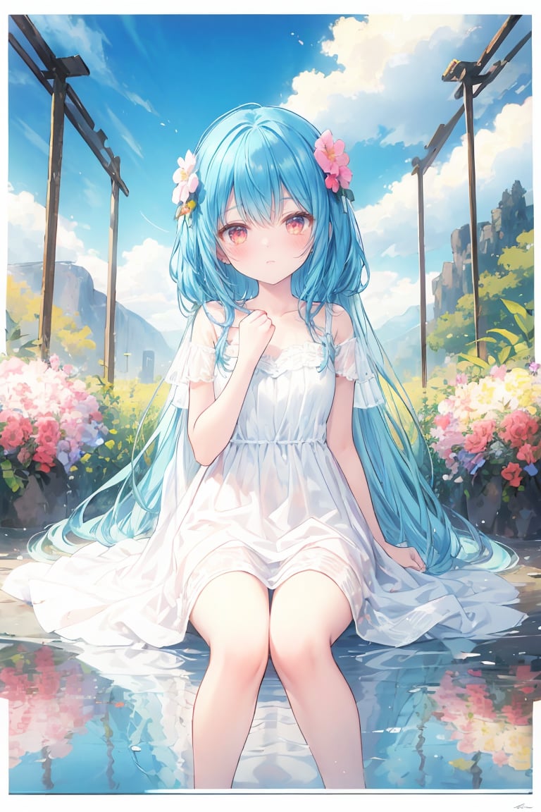 best quality, masterpiece, illustration, (reflection light), incredibly absurdres, (Movie Poster), (signature:1.3), (English text:1.3), 1girl, girl middle of flower, pure skyblue hair, red eyes, clear sky, outside, collarbone, loli, sitting, absurdly long hair, clear boundaries of the cloth, white dress, fantastic scenery, ground of flowers, thousand of flowers, colorful flowers, flowers around her, various flowers