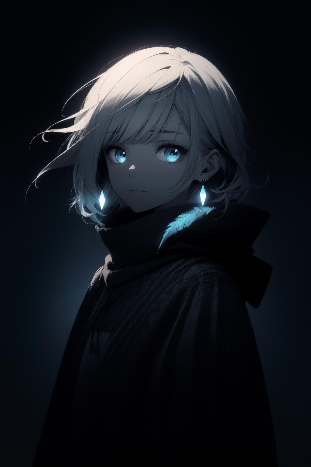 dark theme, (neon light, high contrast:1.2), hdr, chiaroscuro, feather earrings, simple background, righteous, black background, (blue:1.2), white, 1girl, (poncho), patterned