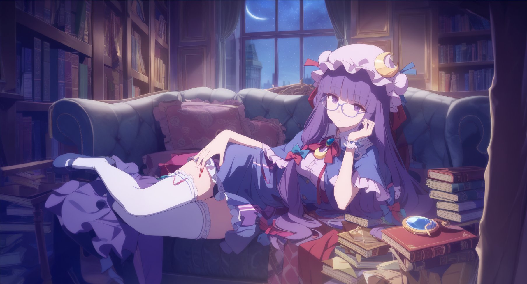 blue theme, cool color, night, window, sky, 1girl, solo,patchouli knowledge, 1girl, book, thighhighs, mob cap, book stack, couch, hat, purple hair, long hair, solo, bookshelf, crescent, glasses, indoors, purple eyes, white thighhighs, lying, crescent hat ornament, hat ornament, looking at viewer, dress, bespectacled, shoes, ribbon, capelet, library, frills, bow, brooch, red ribbon, blood, underwear, jewelry, full body, masterpiece, best quality, absurdres, highres,