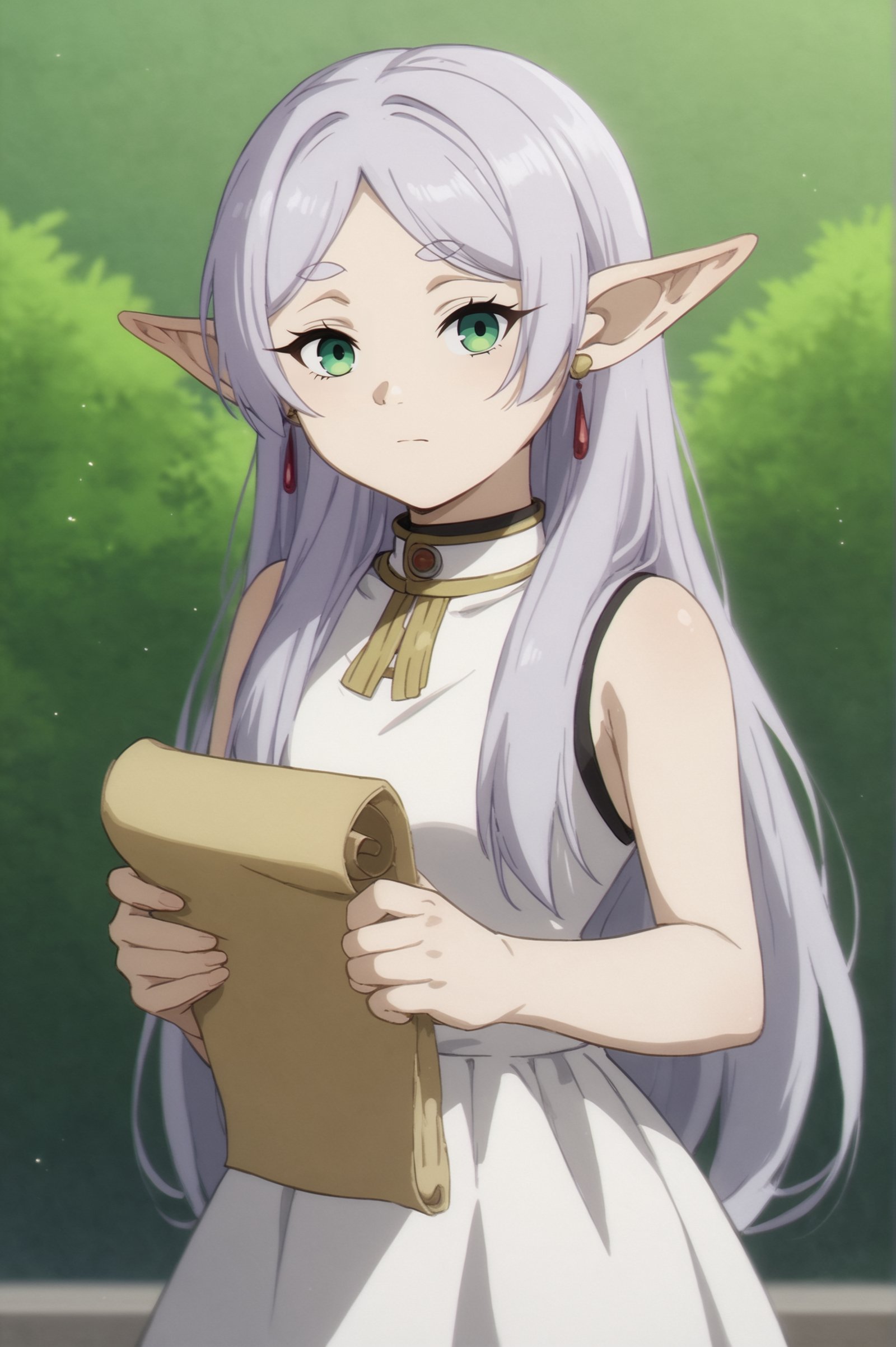 rating_all, score_10, score_8_up, score_7_up,  Frieren, solo, long hair, looking at viewer, dress, holding, closed mouth, green eyes, upper body, grey hair, sleeveless, pointy ears, white dress, elf, holding scroll <lora:Frieren:0.8>