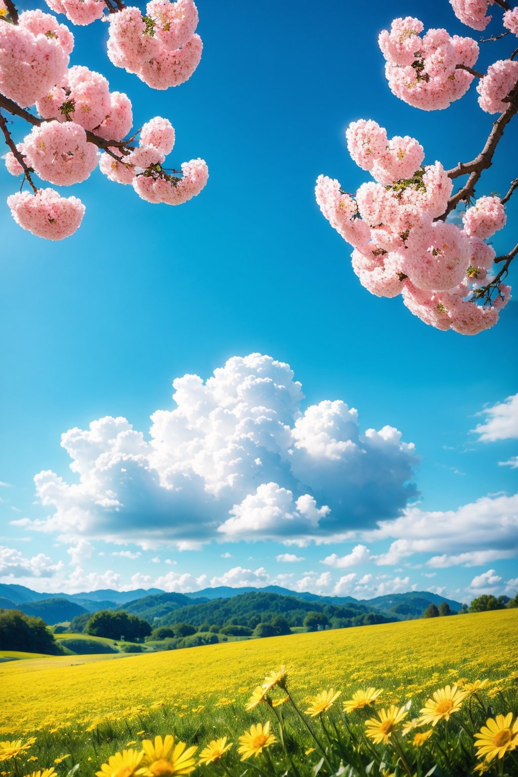 blue sky, branch, cherry blossoms, cloud, daisy, day, lily \(flower\), outdoors,