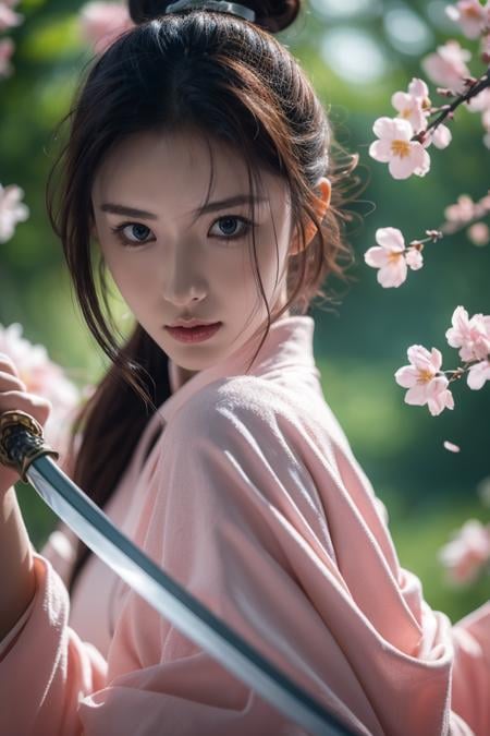 Sword Sakura,upper_body,1girl,weapon,sword,black hair,petals,cherry blossoms,long hair,chinese clothes,blurry,hair bun,hair ornament,holding weapon,looking at viewer,holding sword,holding,long sleeves,facial mark,single hair bun,flower,best quality,masterpiece,illustration,an extremely delicate and beautiful,CG,unity,8k wallpaper,Amazing,finely detail,masterpiece,official art,extremely detailed CG unity 8k wallpaper,incredibly absurdres,huge filesize,ultra-detailed,highres,extremely detailed,beautiful detailed girl,realistic,<lora:ZOE_20230707035042:0.8>,<lora:Sword Sakura_20240129064936:0.8>,