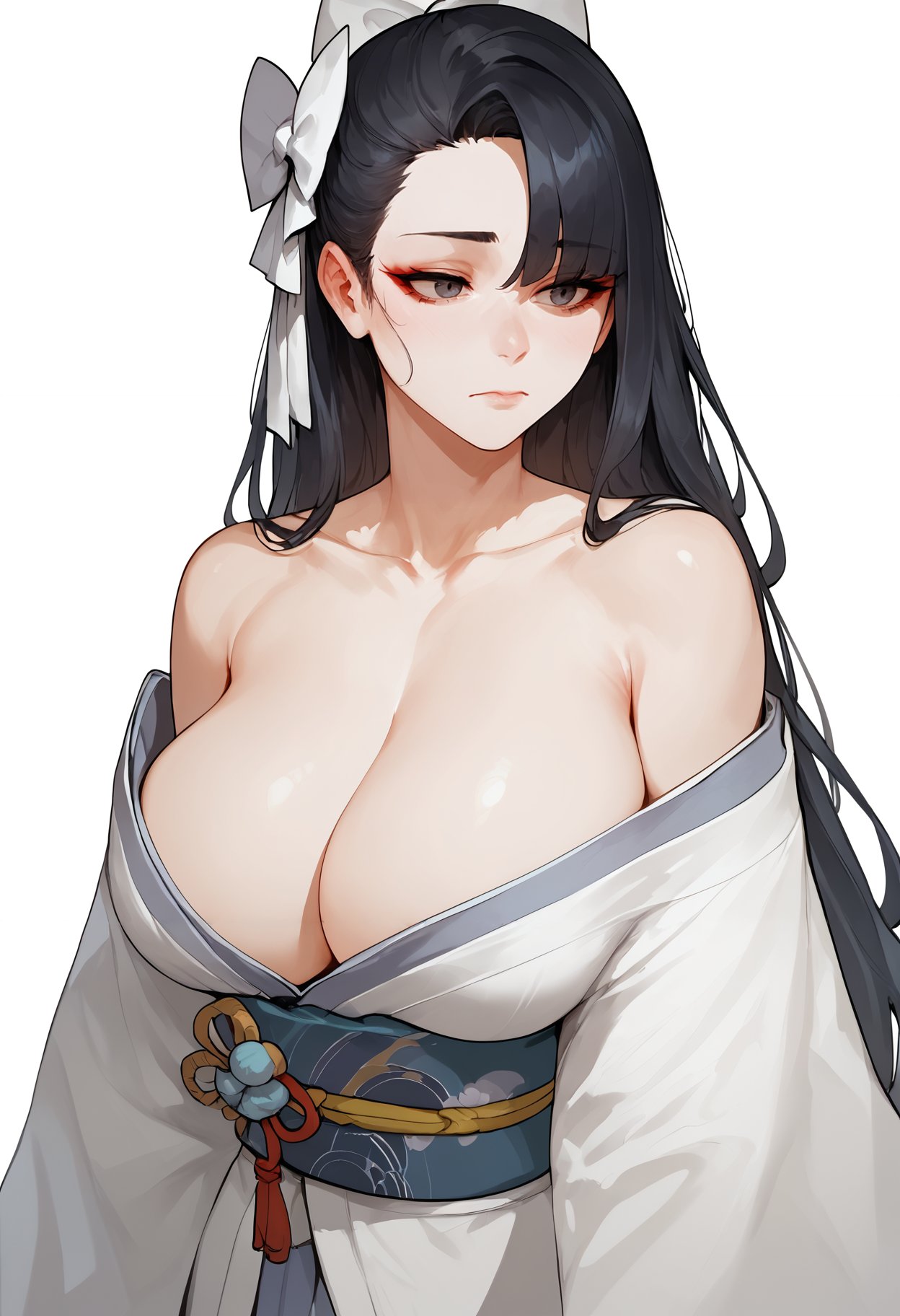 score_9, score_8_up, score_7_up, score_6_up, score_5_up,1girl, black hair, bow, breasts, cleavage,  closed mouth, collarbone, hair bow, japanese clothes, kimono, large breasts, long hair, off shoulder, solo, upper body, white background, white bow, white kimono