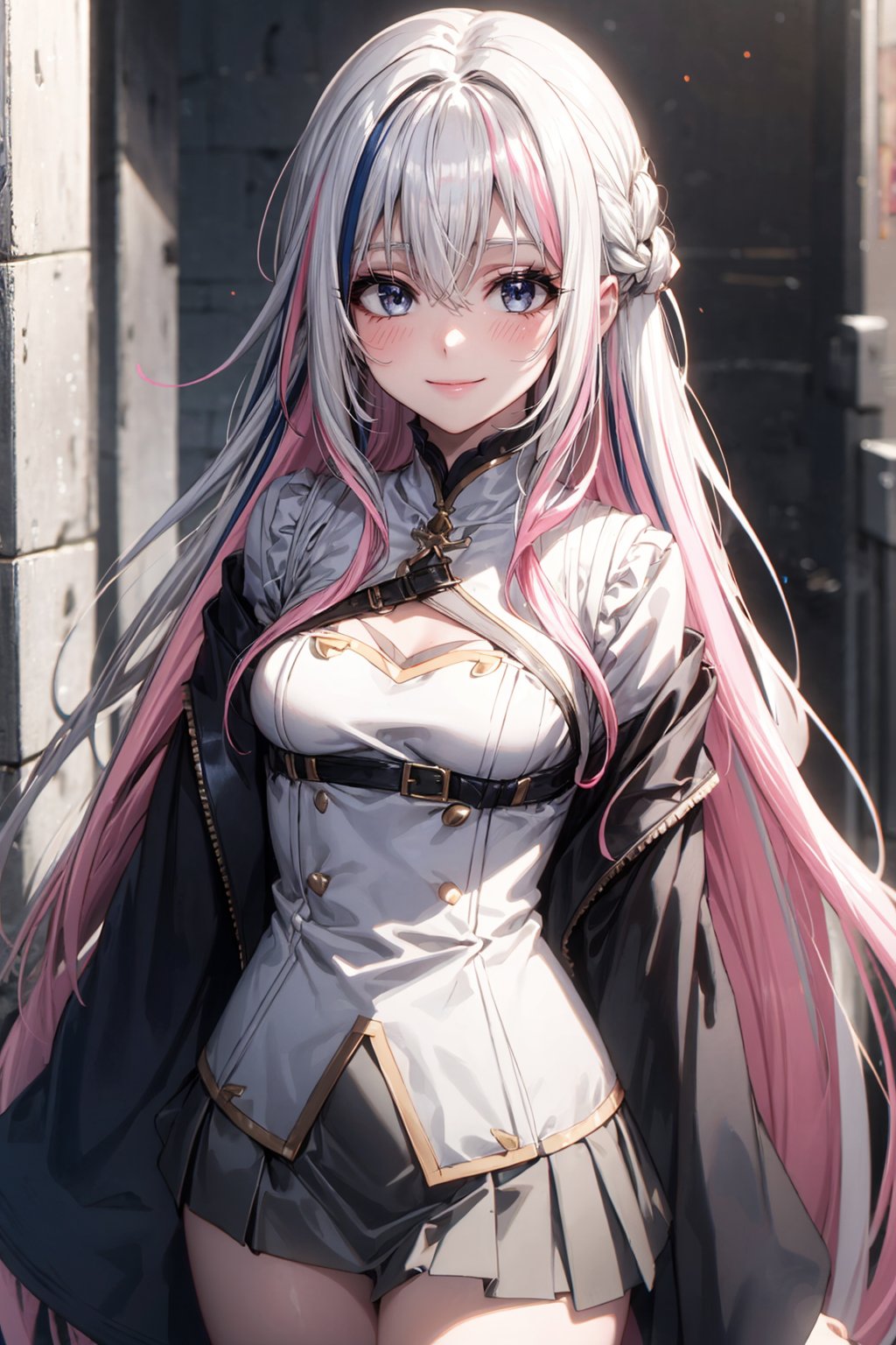 1 girl, solo, long hair, chest, looking at viewer, blush, smile, bangs, dark gray eyes, miniskirt, long sleeves, medium breasts, very long hair, white hair, blue hair, pink hair, White hair, multicolored hair, two-tone hair<lora:EMS-179-EMS:0.500000>, <lora:EMS-1093-EMS:0.200000>, <lora:EMS-80244-EMS:0.800000>