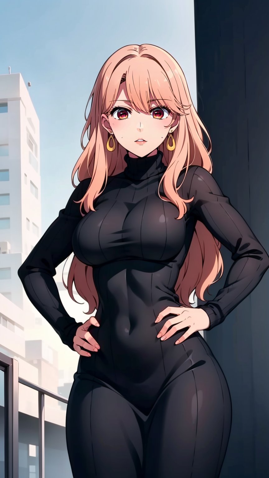 masterpiece, best quality, high resolution, highly detailed, HDR, intricate detail, ultra detailed,BREAK<lora:miyako saitou_moewaifu974:0.75>( long hair:1.3)_strawberry-blonde hair_(red eyes:1.3)_earrings,BREAK(from_below:1.3)_ (cowboy_shot:1.4)( hand on hip:1.5)_ looking_at_viewerBREAK(medium breast:1.2)BREAK(black color ribbed sweater long dress_sweater_turtleneck_long sleeve:1.4)