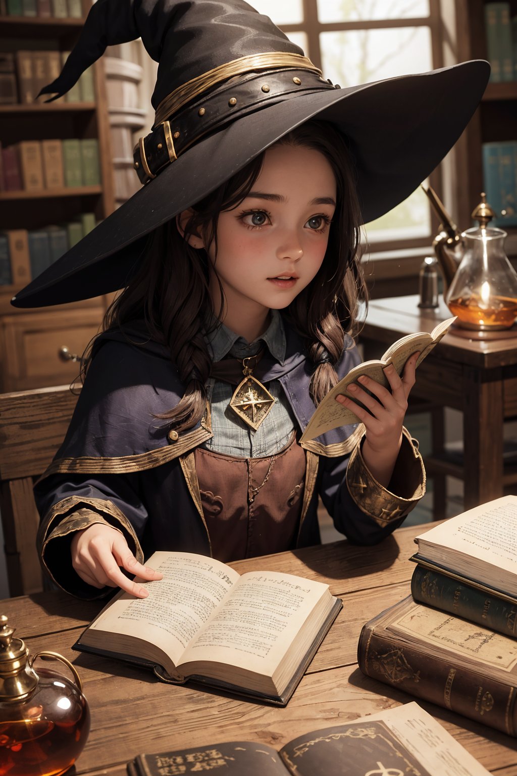 An adorable 13 year old female wearing a witch outfit and witch hat reading an old book with (magic potions:1.2) and magical items on table in an (alchemy laboratory) 