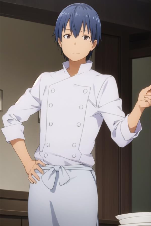 hiroomisouma, <lora:hiroomi souma s2-lora-nochekaiser:1>,hiroomi souma, (brown eyes:1.3), blue hair, male focus, smile,BREAK apron, buttons, waist apron, white pants, chef,BREAK indoors, restaurant,BREAK looking at viewer, (cowboy shot:1.5),BREAK <lyco:GoodHands-beta2:1>, (masterpiece:1.2), best quality, high resolution, unity 8k wallpaper, (illustration:0.8), (beautiful detailed eyes:1.6), extremely detailed face, perfect lighting, extremely detailed CG, (perfect hands, perfect anatomy),