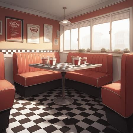 score_9, score_8_up, score_7_up, score_6_up, score_5_up, score_4_up, zPDXL2,source_anime,rating_questionable, <lora:Diner:0.8> d1ner, indoors, table, checkered floor, red booth chair, window