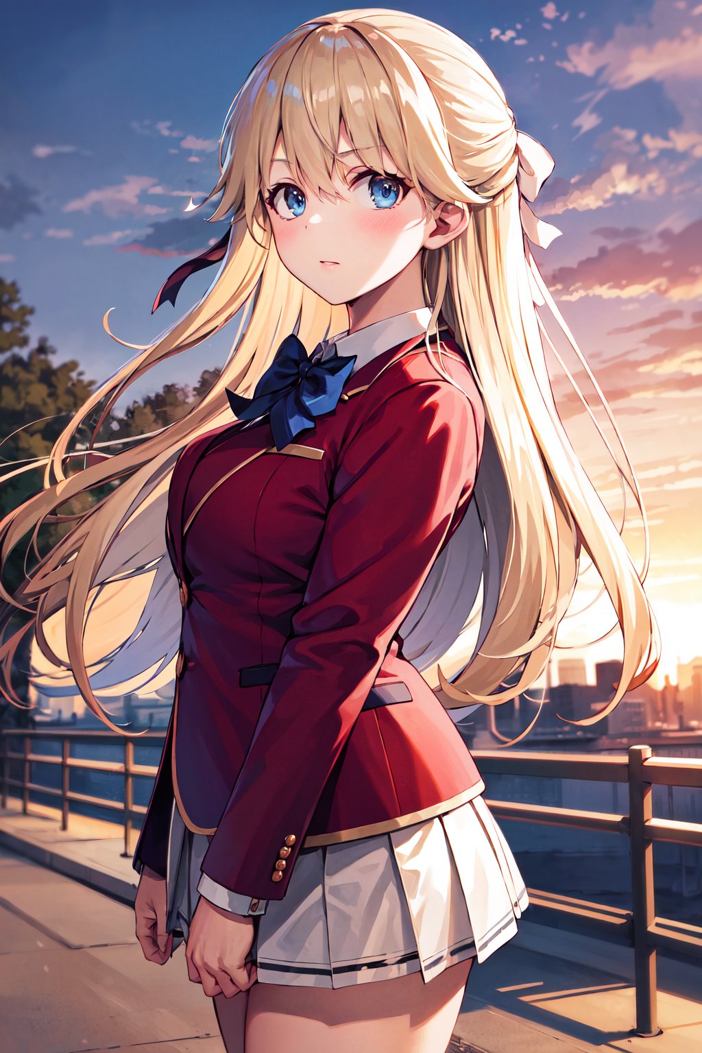 masterpiece, best quality, highres, 1girl, solo, long hair, blonde hair, hair ribbon, bangs, blue eyes, blue bowtie, collared shirt, blazer, red jacket, long sleeves, pleated skirt, white skirt, <lora:nanase_tsubasa_v1:0.7>, from side, sunset, outdoors, bridge, standing