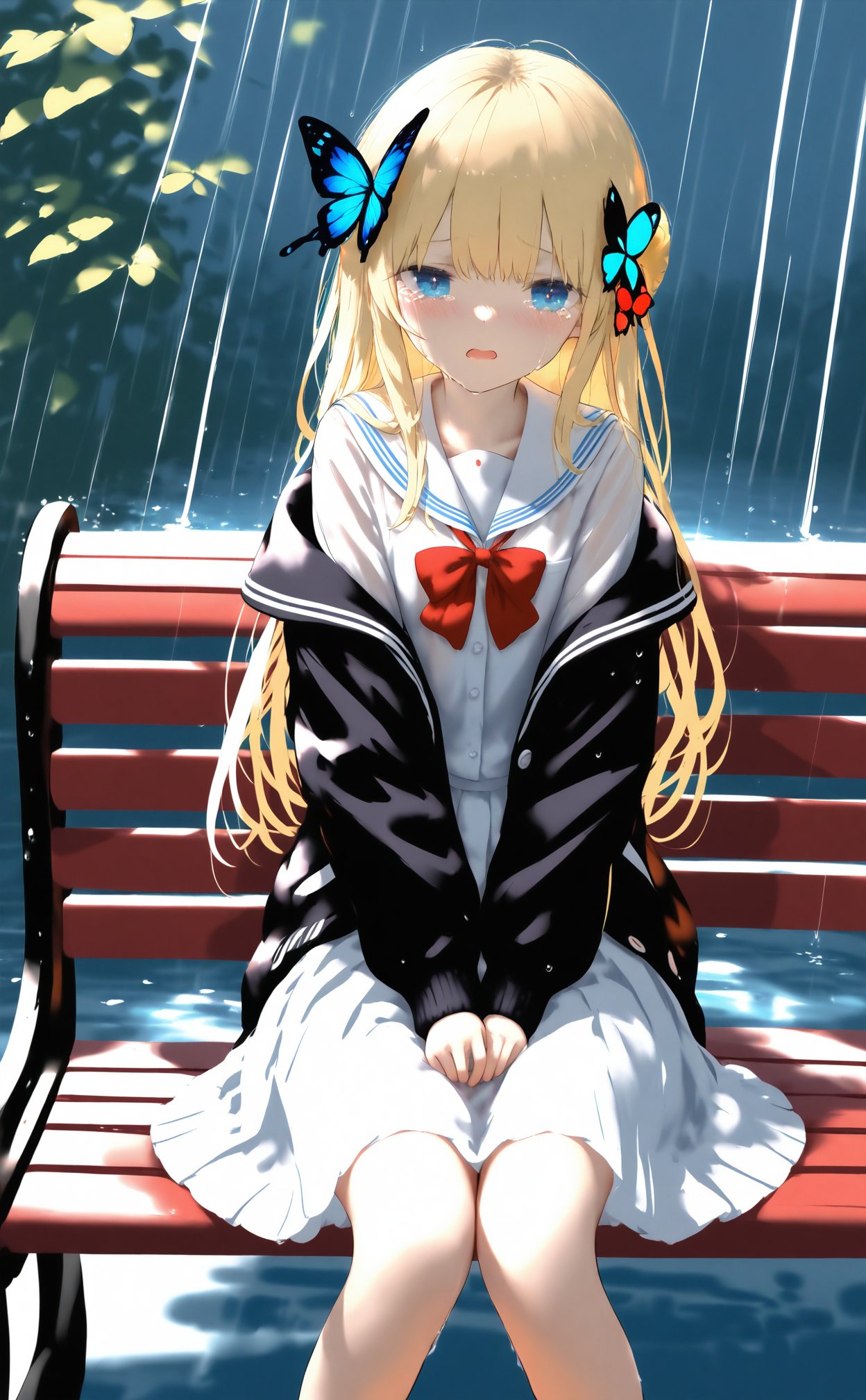 masterpiece,best quality,high quality,(colorful),nai3 Style,loli,1girl,butterfly,bug,blonde hair,rain,solo,blue eyes,bow,long hair,hair ornament,sitting,blue butterfly,white shirt,tears,shirt,red bow,bowtie,crying,jacket,crying with eyes open,bench,skirt,outdoors,off shoulder,red bowtie,sailor collar,on bench,black jacket,sitting on bench,school uniform,long sleeves,wet,butterfly hair ornament,black cardigan,feet out of frame,open mouth,open clothes,parted lips,hand between legs,tearing up,white sailor collar,blush,water,between legs,open jacket,white skirt,