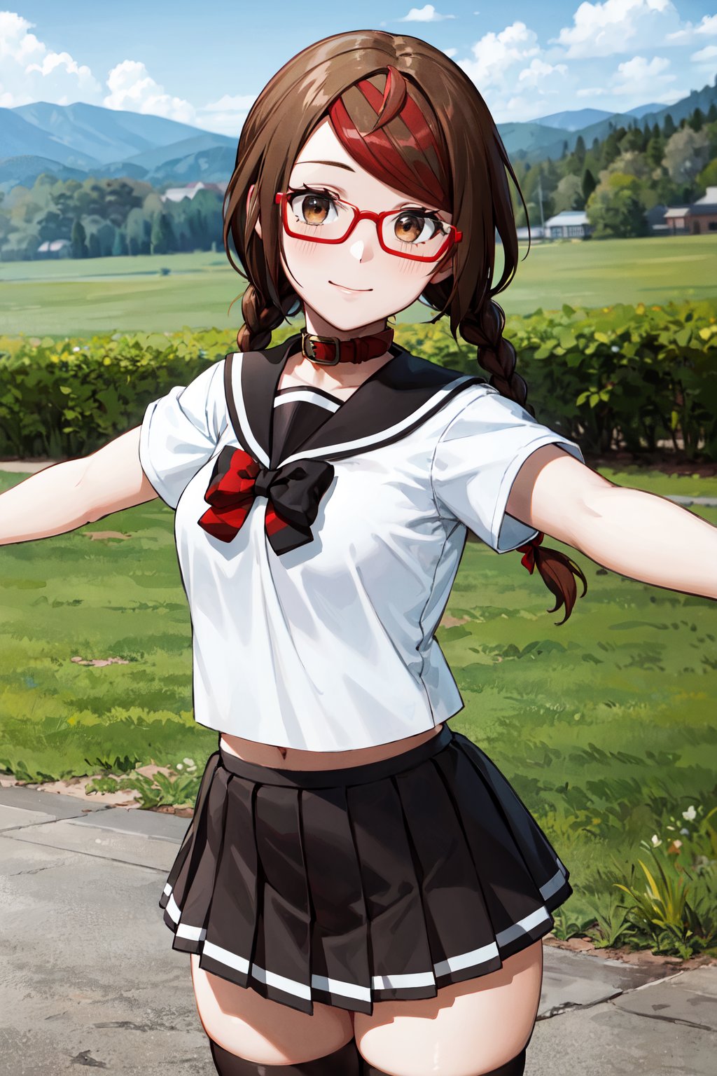 masterpiece, best quality, highres, aamisaki, twin braids, multicolored hair, brown eyes, red-framed eyewear, red collar, serafuku, sailor collar, multicolored bow, sailor shirt, white shirt, short sleeves, pleated skirt, black skirt, black thighhighs, <lora:sakimiya_misaki_v1:0.7>, outdoors, standing, cowboy shot, outstretched arms, 