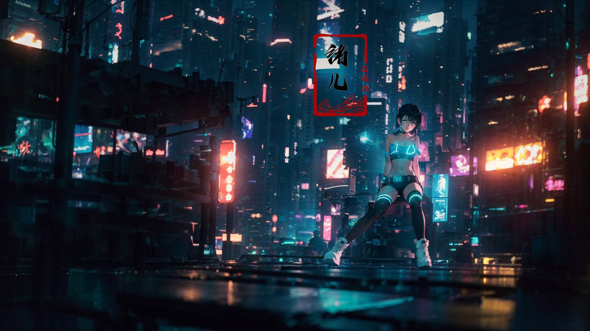 blurry, blurry_background, blurry_foreground, depth_of_field, motion_blur,1girl, cyberpunk, solo, science fiction, city, neon lights, sitting, night, building, strapless, breasts, hologram, skyscraper, boots, long hair, cityscape, thighhighs, sky, black hair, scenery, white footwear，(upper body:1.2)，(glow, light pollution:1.3)，(solo focus:1.7)，  <lora:绪儿-赛博城市场景 science cyber:0.6>