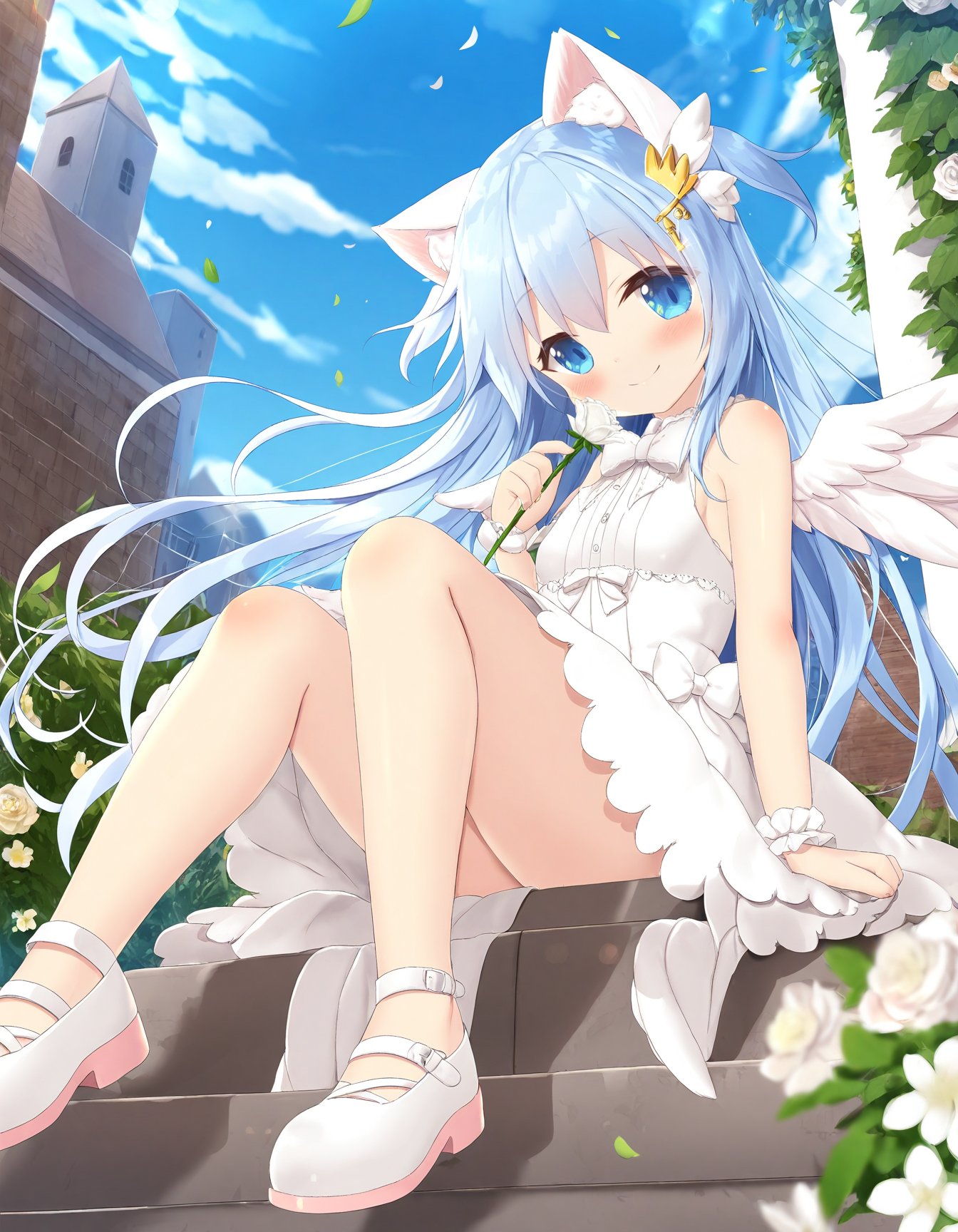 masterpiece,best quality,yano_mitsuki_\(nanairo\),,mint_\(uchi_no_pet_jijou\),1girl, animal_ear_fluff, animal_ears, bare_shoulders, blue_eyes, blue_hair, blue_sky, blush, bow, breasts, cat_ears, closed_mouth, cloud, commentary_request, day, dress, feathered_wings, flower, hair_between_eyes, hair_flower, hair_ornament, head_tilt, holding, holding_flower, key_hair_ornament, long_hair, mini_wings, mint_\(uchi_no_pet_jijou\), outdoors, rose, shoes, sitting, sky, sleeveless, sleeveless_dress, small_breasts, smile, solo, uchi_no_pet_jijou, very_long_hair, white_bow, white_dress, white_flower, white_footwear, white_rose, white_wings, wings, wrist_cuffs, yano_mitsuki_\(nanairo\), <lora:HANS_V40_yano_mitsuki:0.8>