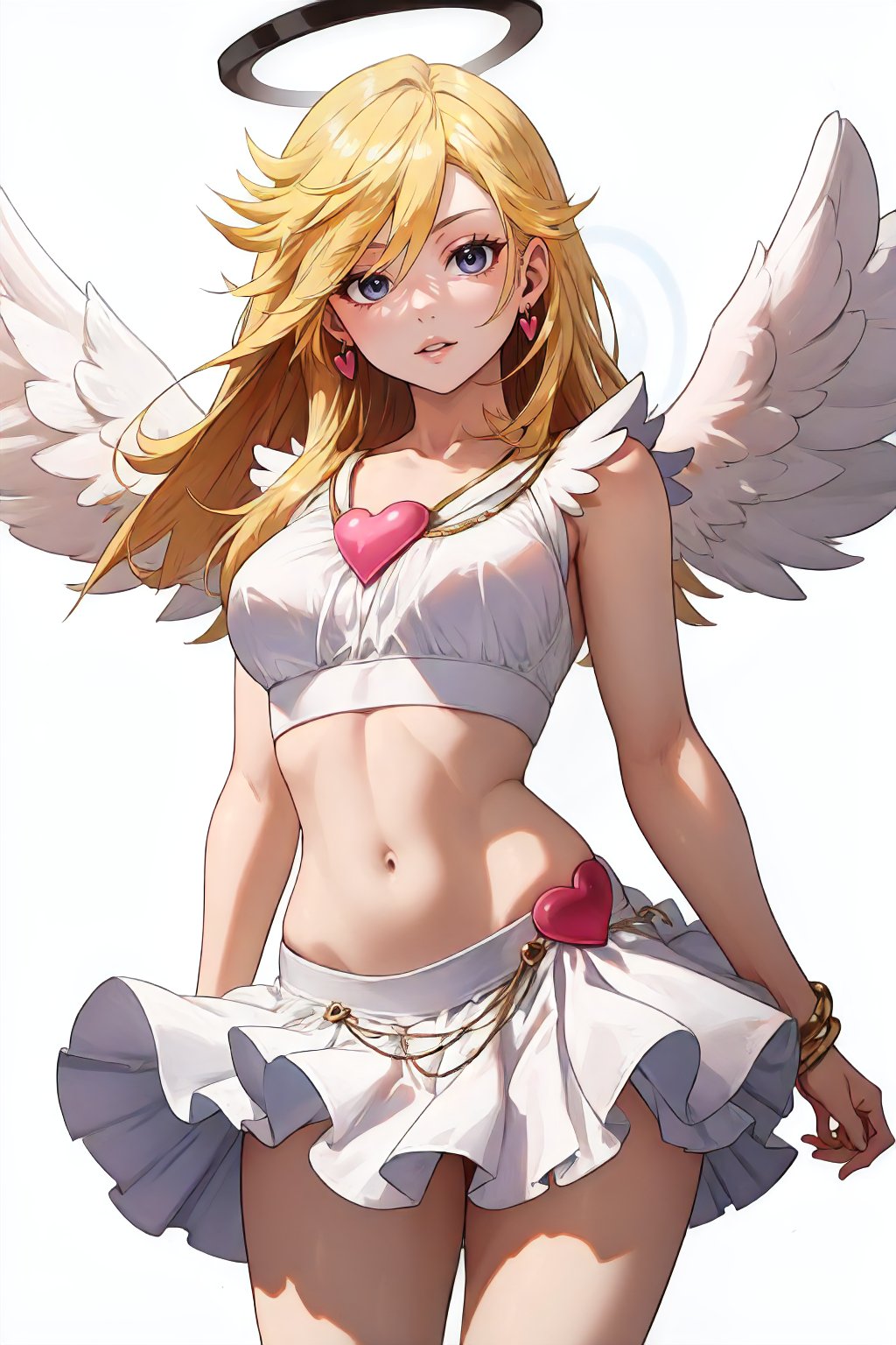 anarchypanty, blonde, angel wings, heart ornament, white skirt, midriff, jewelry, halo, cowboy shot, white background <lora:PSG_Panty-DEF:0.7>, perfect, sharp, masterpiece, detailed, high resolution, best quality,