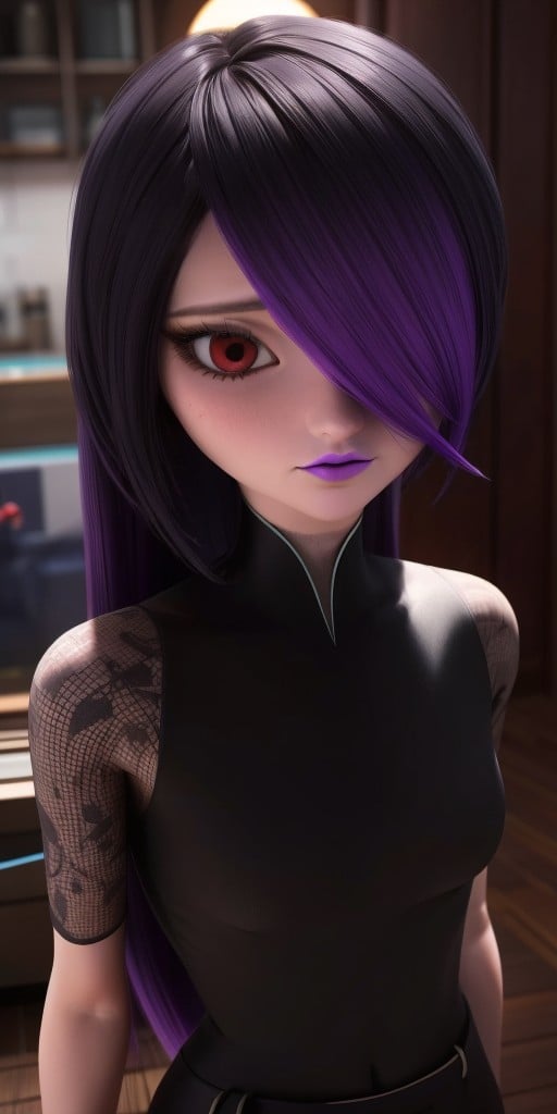 Hyperrealistic, photorealistic, super detailed, fifteen years old, medium height, brilliant red eyes, dark eyeshadow, long black hair with dyed purple tips at the end and bangs covering the left side of her face, very soft magenta lipstick, body like in real life, large pores, pale-skinned, beautiful arms, little breasts, unreal engine, octane render, droped shadow, bokeh, cinematic lighting, <lora:add_detail:0.5>, <lora:Volumetric_lighting:0.6>, Juleka Couffaine, , <lora:d5da7d5d-bd8d-4fcf-8082-26baea76a477:0.7>