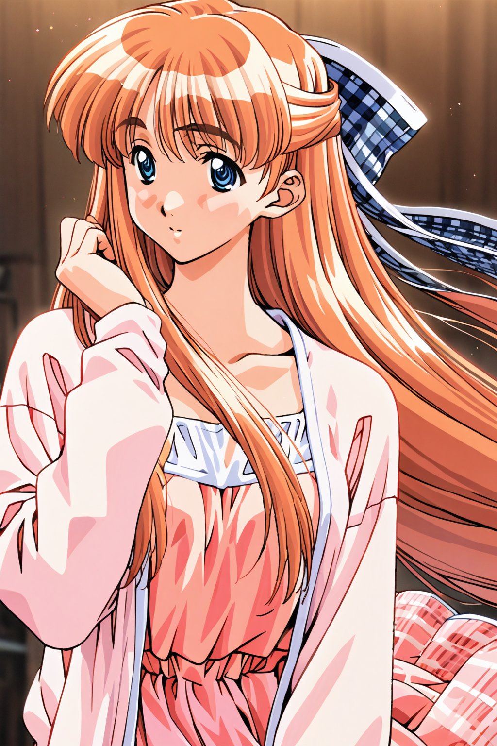 cowboy shot, kobayakawa mizuho, 1girl, solo, half updo, long hair, blue ribbon, mizuhopink, orange hair, blue eyes, pink shirt, white cardigan, pink skirt, (masterpiece, high-quality, breathtaking, highres, ultra detailed), (expressive eyes, perfect face),  <lora:kobayakawa mizuho anim:1>