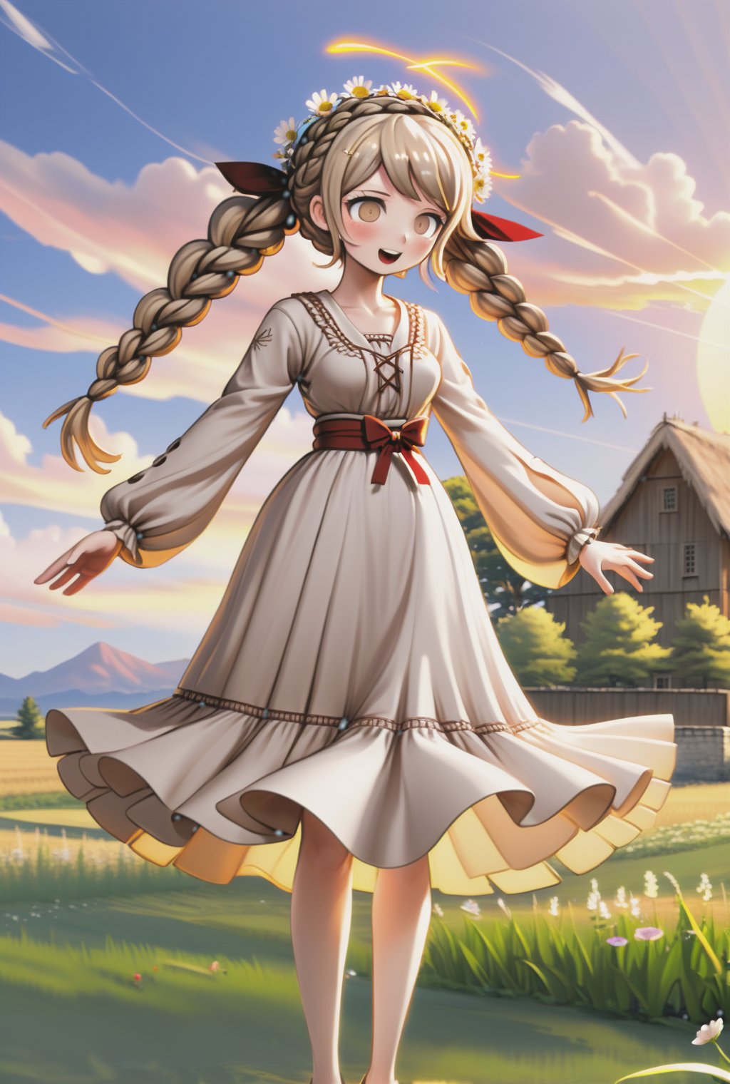 1girl, serene moment, picturesque landscape, golden hour light, flowing dress, billowing skirt, carefree gesture, wind-tossed hair, open fields, rustic setting, gentle breeze, sunset glow, rosy cheeks, joyful expression, floral crown, braided hairstyle, playful pose, danganronpa style, thick lines, full-body portrait, detailed eyes, <lora:danganronpa_style:0.8>