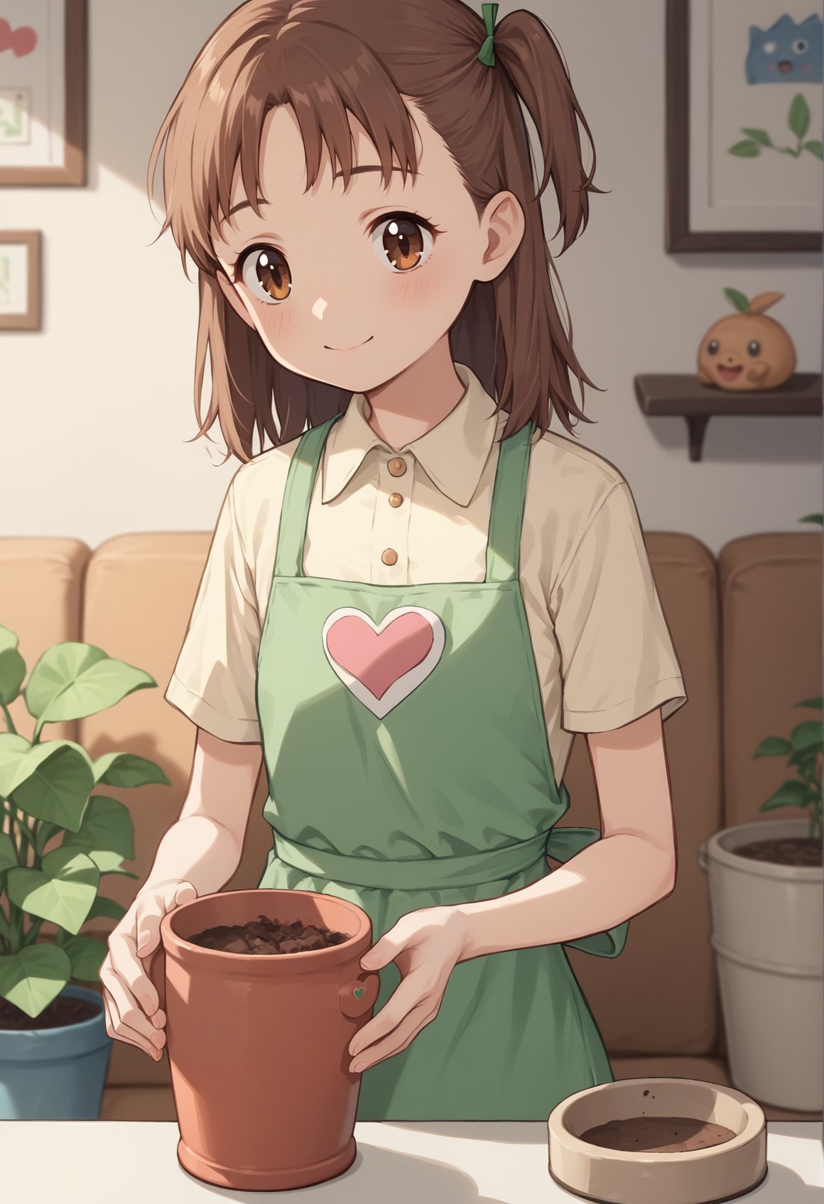 1girl, juri, long hair, brown hair, one_side_up, brown eyes, two-tone dress, green dress, short sleeves, puppet, green footwear, living room, ((pink apron)), heart print, holding nabe, pot, indoors, upper body, light smile <lora:RukiJuri:0.8>, score_9, score_8_up, score_7_up, score_6_up, score_5_up, score_4_up, BREAK source_anime, masterpiece