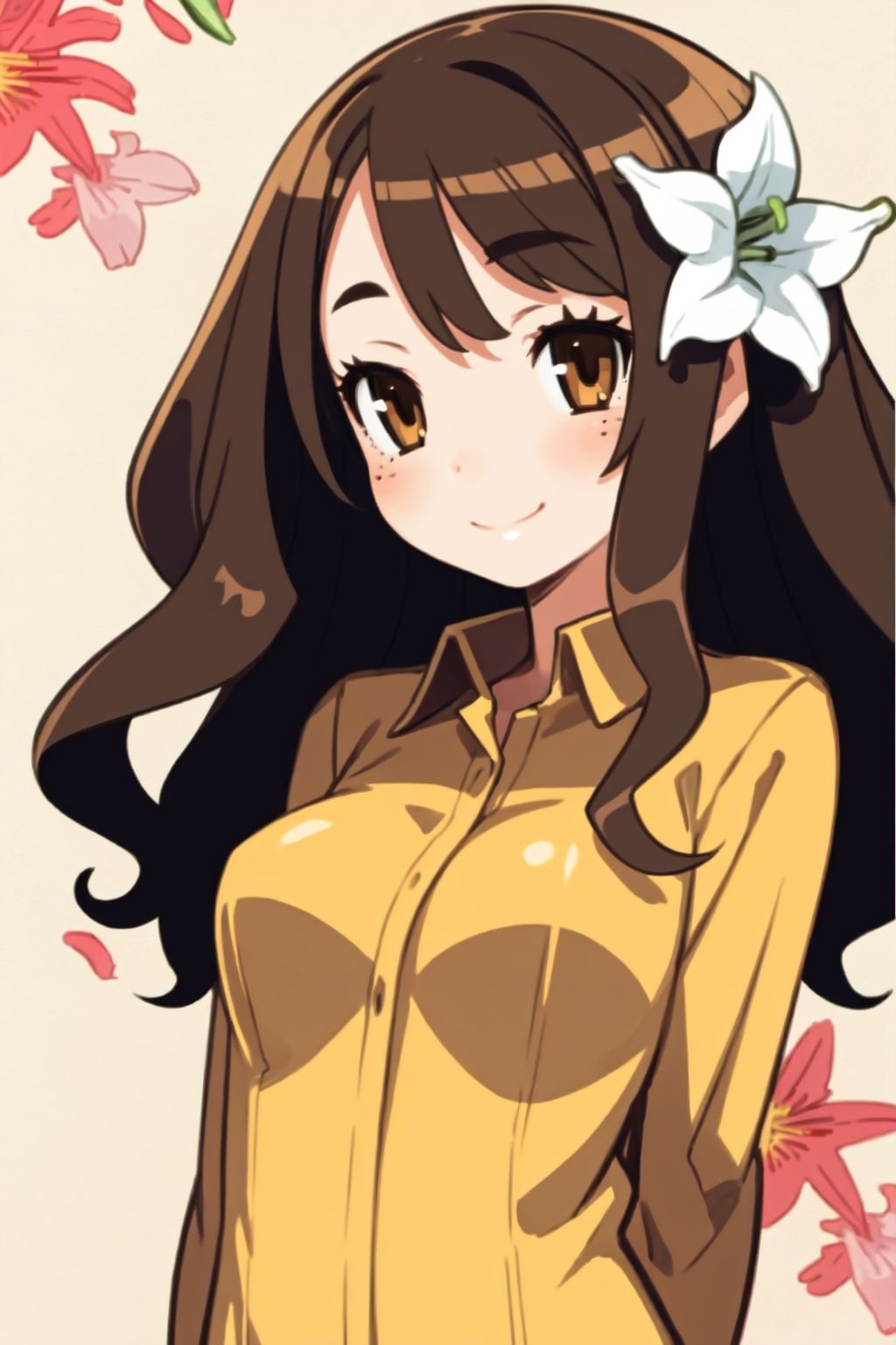 solo, 1girl, arm behind back, smile, blush, medium breasts, light brown hair, wavy hair, brown eyes, beautiful detailed face, ultra detailed eyes, orange collared shirt, dim light, Convallaria \\(flower\\), floral background <lora:harada_takehito_Disgaea_style_v01:1>