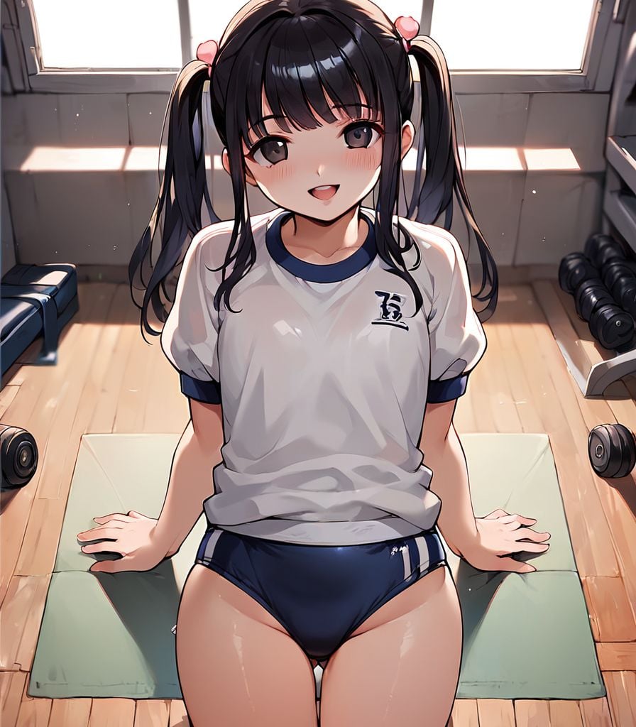 score_9, score_8_up, score_7_up, score_6_up, score_5_up, score_4_up, source_anime, rating_explicit, BREAK <lora:Tsutsumi_Kinuka_XL:0.9>  TsutsumiKinuka, 1girl, solo, long hair, long hair, bangs, black hair, black eyes, buruma, blush, gym uniform, smile, open mouth, room, flooring, twintail,