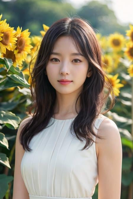 (mature body), (upper body:1.5), nikon RAW photo,8 k, Fujifilm XT3,masterpiece, best quality, realistic, photorealistic, ultra detailed, extremely detailed face, solo,1girl, standing, fashionable and trendy atmosphere, and a stylish expression on her face, close up, (narrow waist), white dress on field of sun flowers,