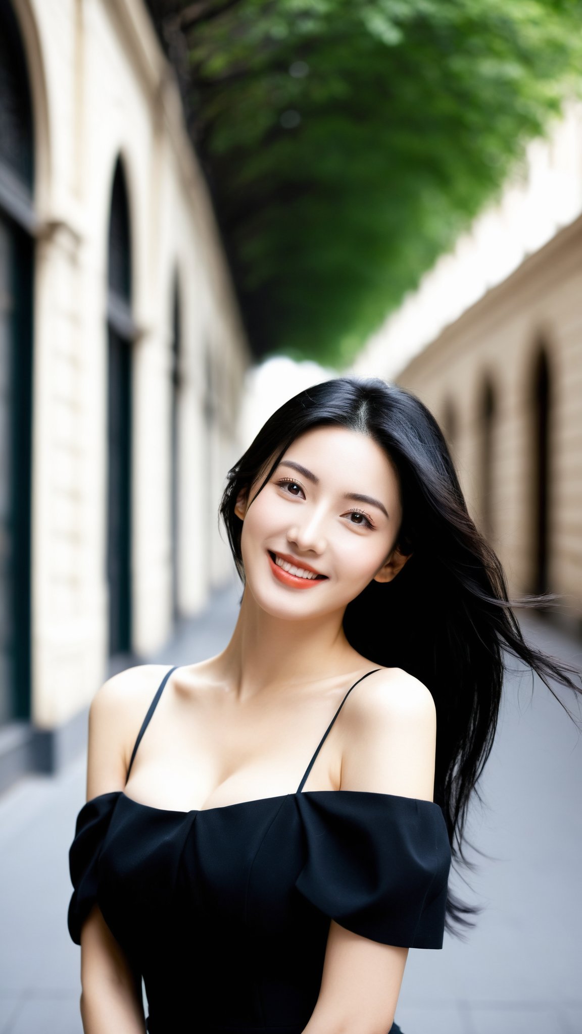masterpiece, best quality, realistic, photo, real, incredibly_absurdres, Ultra HD,Affectionately looking at you,8K,UHD,in the city street,simple background, upper body, arms behind head,arms behind back , bust photo, a girl,She has black hair. The lines of her face are soft and smooth. Her skin is as fair as snow, soft and delicate, and her eyes are bright and bright, deep and mysterious, making people feel endless charm and appeal. The eyebrows are slender and graceful, the nose is straight and noble, the lips are rosy and seductive, and the slightly raised angle reveals confidence and elegance. Her facial features are delicate and three-dimensional, with well-defined contours, like a fine painting or a finely carved work of art. The overall feeling is gentle, elegant, noble and full of charm.masterpiece, best quality, realistic, photo, real, absurdres, incredibly_absurdres, huge_filesize, bust, girl, kawaii, adorable girl, bishoujo, ojousama, idol, student, long hair, black hair, beautiful detailed eyes, looking at viewer, seductive smile, black eyes, large breasts, arms behind back ,