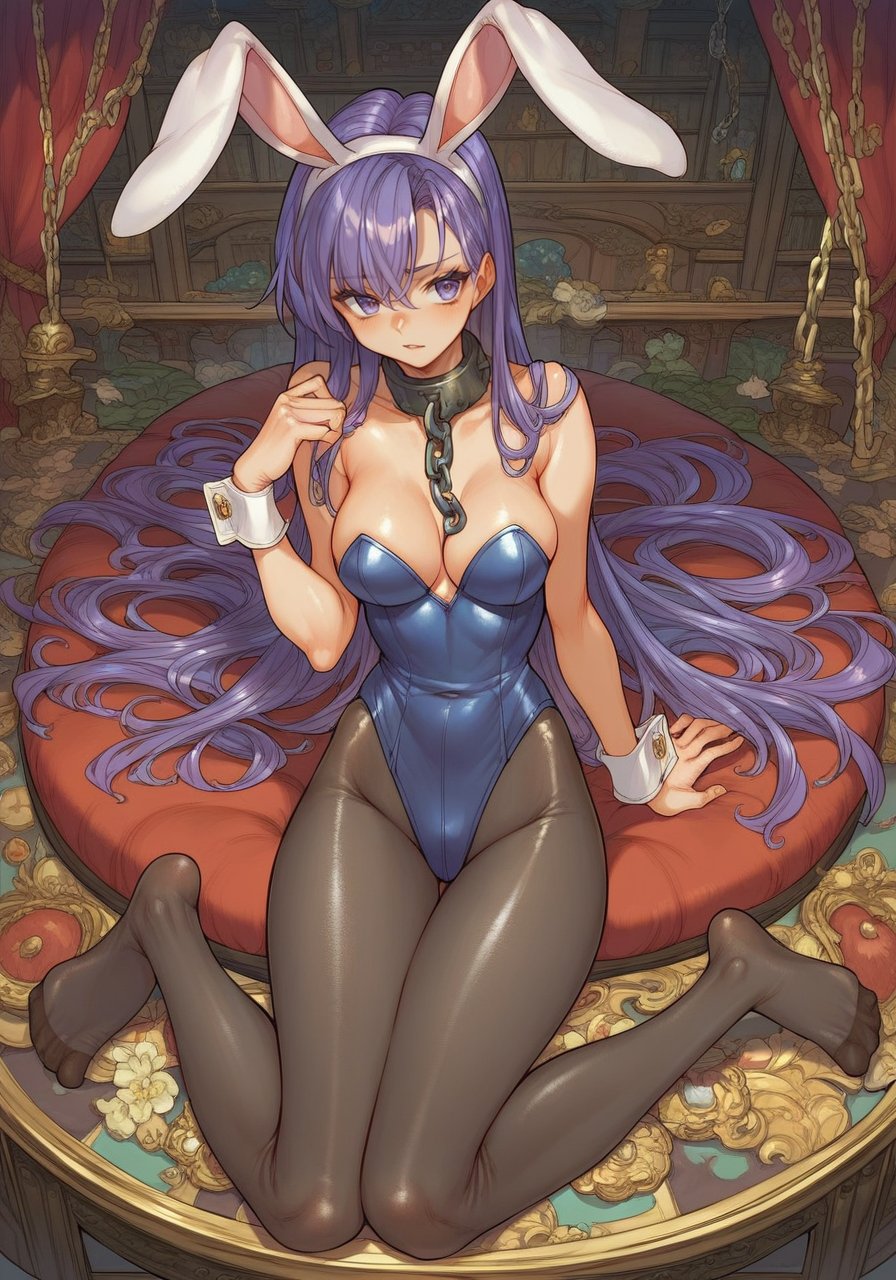 score_9, score_8_up, score_7_up, score_6_up, high quality, masterpiece, 8k, highres, highly detailed,anime,1girl, no shoes, innocent, pantyhose, purple hair, long hair, bunny suit, collar, chains, high leg leotard, bunny ears 