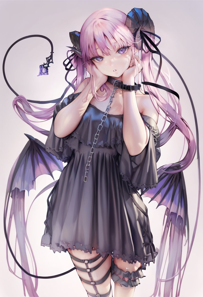 score_9, score_8_up, score_7_up, score_6_up, <lora:jimaXL_P6_lokr_V53P1:0.95> 1girl, demon tail, solo, tail, wings, dress, long hair, horns, demon girl, white background, black dress, demon wings, pink hair, purple eyes, twintails, demon horns, simple background, chain, looking at viewer, hands on own face, bangs, thigh strap, parted lips, off-shoulder dress, ribbon, collar, bare shoulders, hair ribbon, heart, very long hair, hands on own cheeks, black ribbon, purple hair, cowboy shot, off shoulder, standing, heart tail 