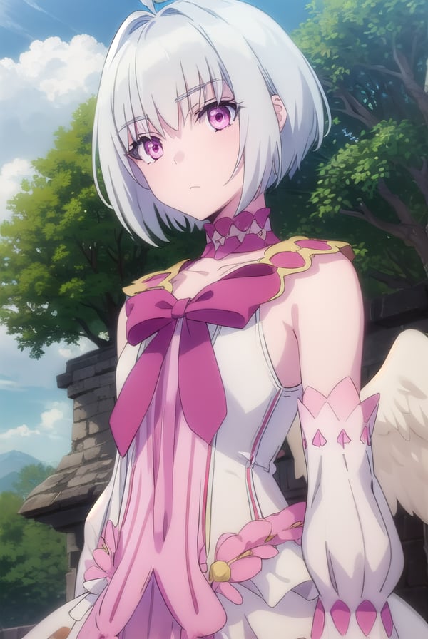 fitoria, <lora:fitoria s1-lora-nochekaiser:1>,fitoria, short hair, white hair, (pink eyes:1.3), ahoge, antenna hair,BREAK dress, bow, detached sleeves, wings, choker, feathered wings, angel wings, frills, pink bow,BREAK outdoors, forest, nature, sky, sun, clouds,BREAK looking at viewer, (cowboy shot:1.5),BREAK <lyco:GoodHands-beta2:1>, (masterpiece:1.2), best quality, high resolution, unity 8k wallpaper, (illustration:0.8), (beautiful detailed eyes:1.6), extremely detailed face, perfect lighting, extremely detailed CG, (perfect hands, perfect anatomy),