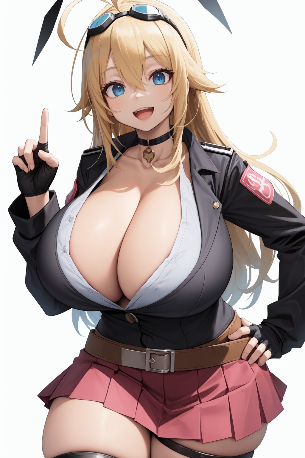 1girl, gigantic breasts, ahoge, antenna hair, barbed wire, black choker, black gloves, blonde hair, blue eyes, breasts, choker, cleavage, fingerless gloves, gloves, goggles, goggles on head, hair between eyes, hand on own hip, hand up, large breasts, long hair, long sleeves, looking at viewer, ok sign, open mouth, pink shirt, pink skirt, pleated skirt, shirt, simple background, skirt, smile, solo, thigh strap, white background, 