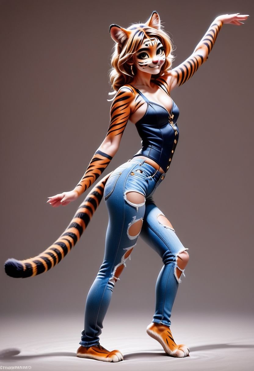 Score_9, , Award winning photo of a beautiful  feline girl with plumed tiger tail, dancing, classy, torn denim,, intense gaze, cute, , her tail curls over her,, golden hour,