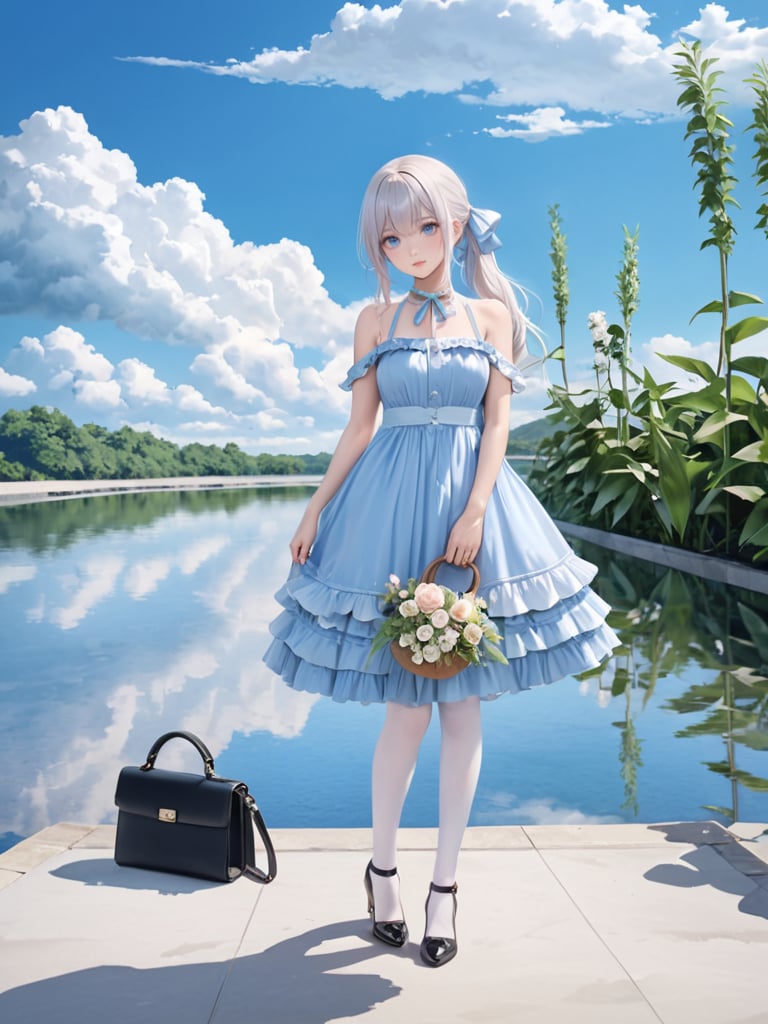 masterpiece,best quality,1girl,solo,long hair,breasts,looking at viewer,blush,bangs,blue eyes,dress,ribbon,bare shoulders,jewelry,very long hair,standing,full body,hair ribbon,flower,white hair,outdoors,frills,sky,sleeveless,day,cloud,water,bag,black footwear,high heels,side ponytail,blue sky,bare arms,tattoo,sleeveless dress,blue dress,frilled dress,cloudy sky,plant,reflection,handbag,white pantyhose,