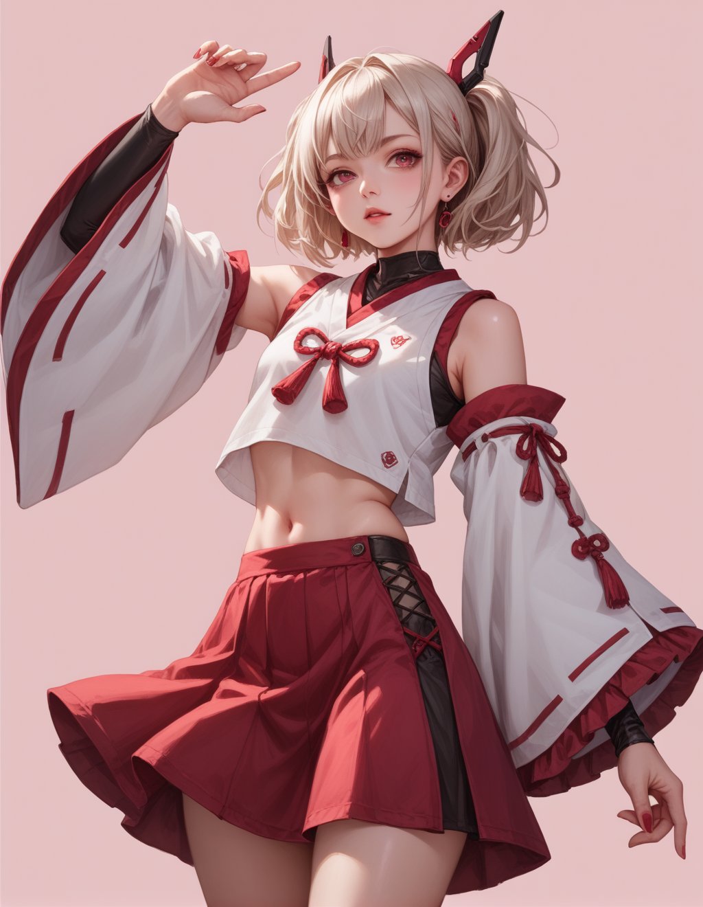 score_9,score_8_up,score_7_up,future0701,solo,navel,Red skirt,wide sleeves,detached_sleeves,<lora:future-0701nvwu-000004:1>,pink background,