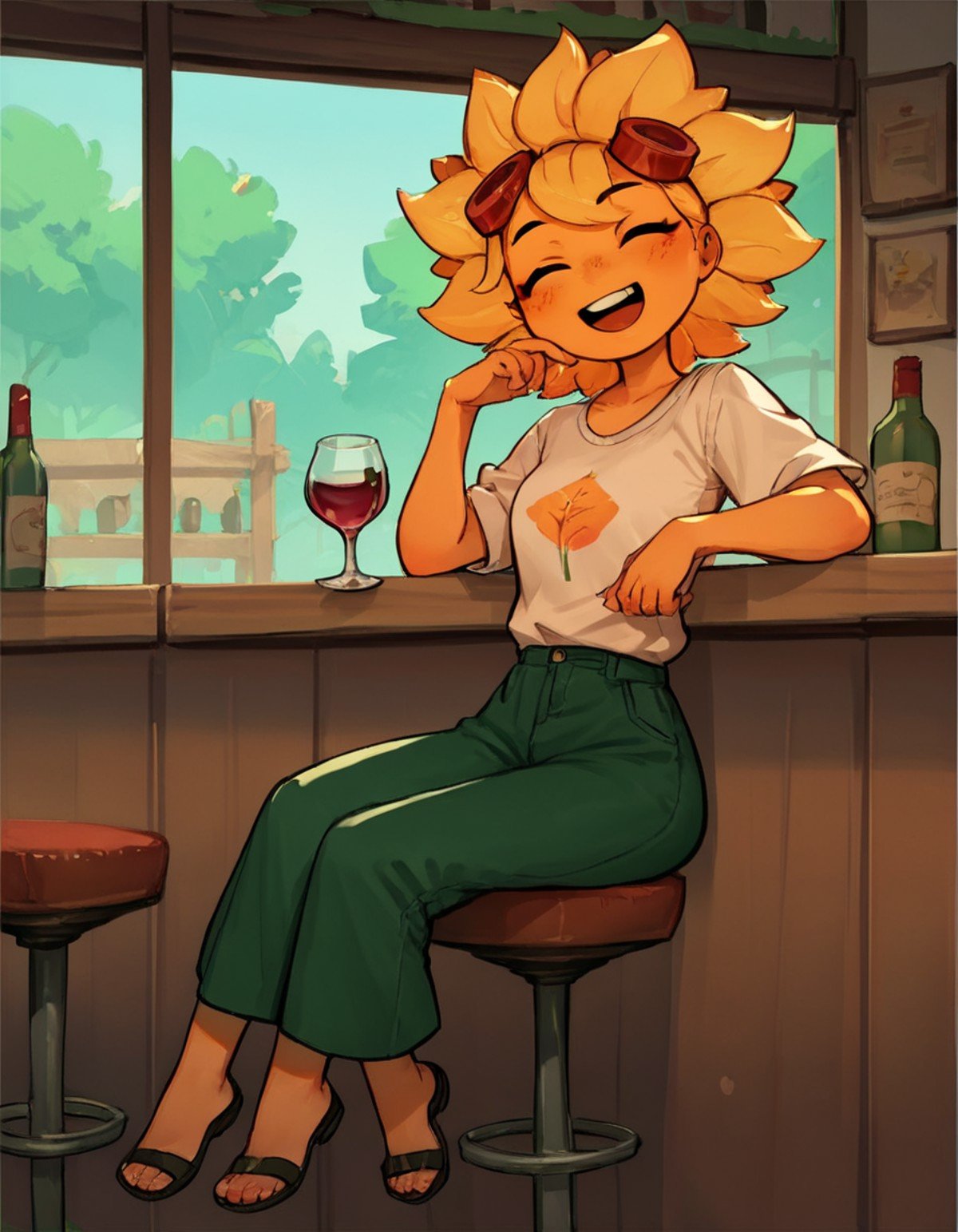 score_9, score_8_up, score_7_up, score_6_up, score_5_up, score_4_up, source_anime, , solar_flare, sitting, bar, drinking wine, happy