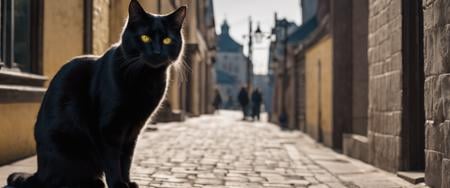 photoreal cinematic shot of a bipedal long-haired black cat with yellow eyes dressed as a rogue in a fantasy urban settinghigh fidelity, clarity, realistic lighting, realistic shadows, Nikon 70d, 70mm, subsurface scattering, HDR, chromatic aberration, volumetrics dtx