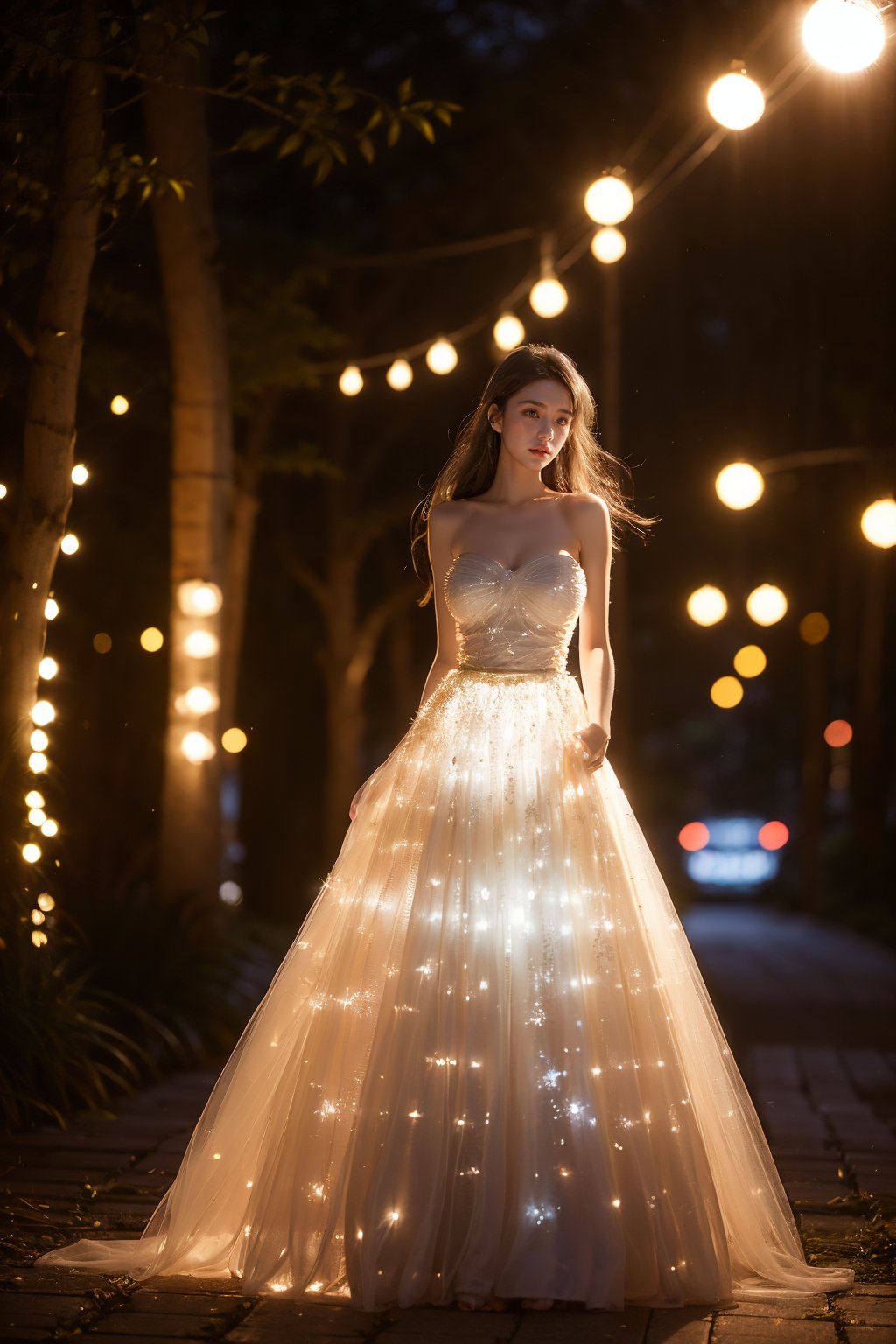 1girl,solo,dress,(long black hair:1.3),breasts,(glowing skirt:1.2),strapless,bare shoulders,arms at sides,night,blurry,realistic,strapless dress,brown eyes,white dress,lips,medium breasts,blurry background,outdoors,tree,cleavage,parted lips,collarbone,standing,<lora:FAGUANG_20240409203249:0.8>,