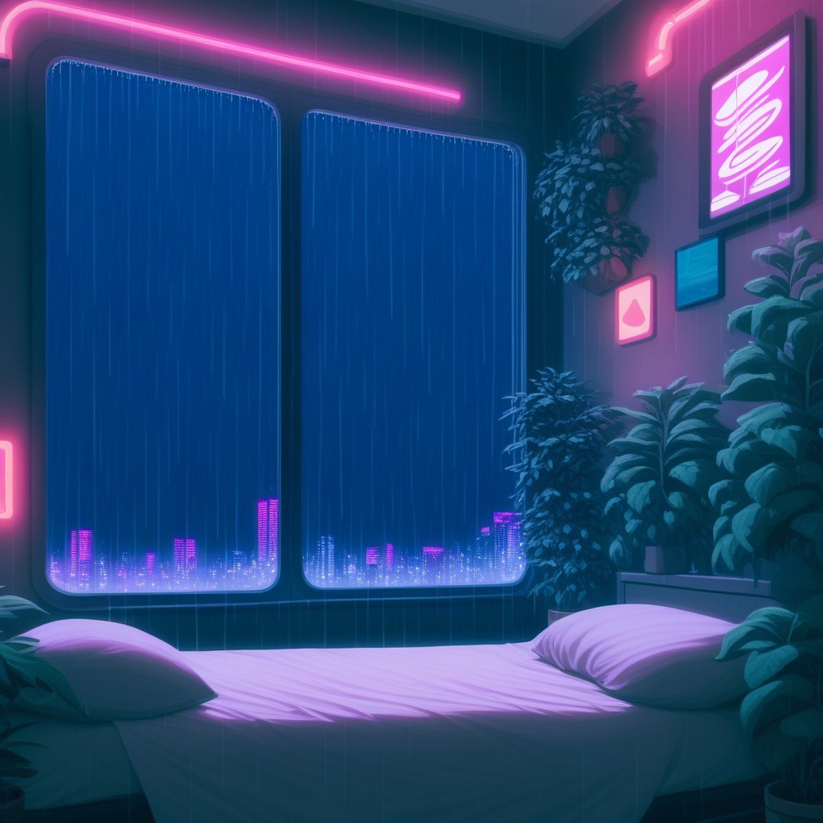 score_9,score_8_up,score_7_up,score_6_up,   steaming coffee cup on windowsill, plants on the windowsill, wall of plants, monstera plant, large plant, tidy bedrrom, small room, cramped bedroom, teddies on the bed, cyberpunk city view out of the window, neon light, purple neon lights, rain, rain outside, rain on the window